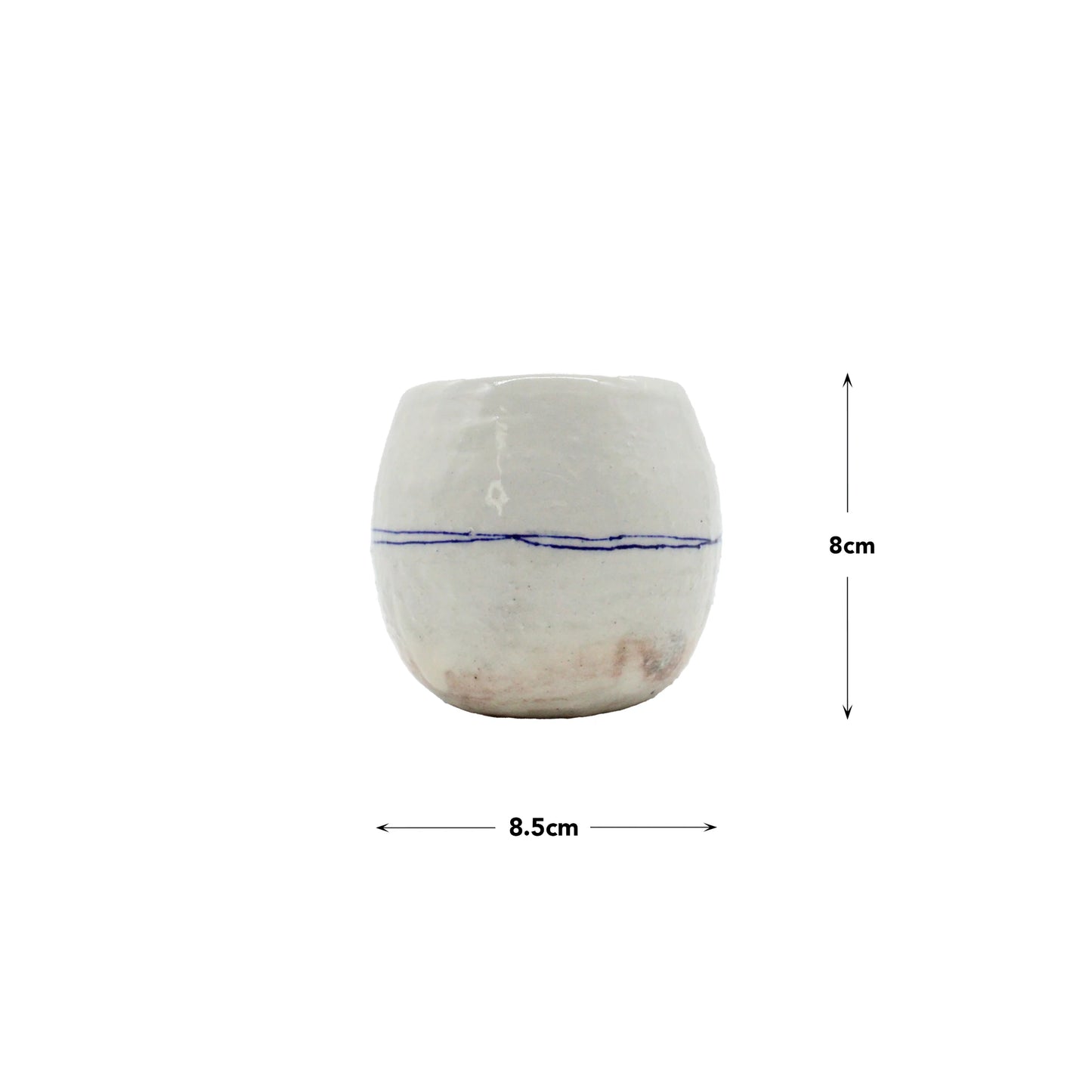 Tea Mug - Egg Shape Goth Wire: small white ceramic Japanese tea mug with a faint blue horizontal line, 8.5 cm wide by 8 cm tall, shown with measurement arrows.
