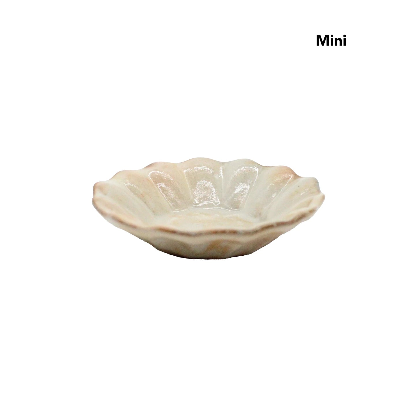 The Flower Plates - Iron Scatter is a small Japanese ceramic dish with scalloped, flower-shaped edges on a white background; “Mini” appears in the top right corner.