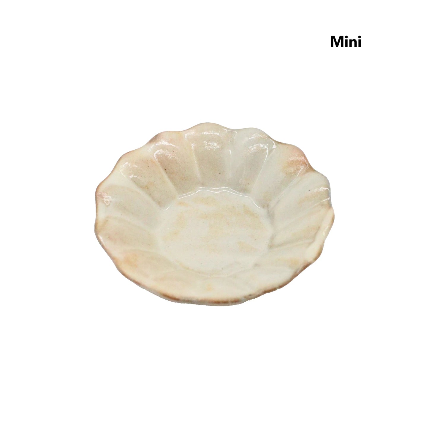 A small, fluted beige Japanese ceramic dish called Flower Plates - Iron Scatter, labeled Mini, on a white background.