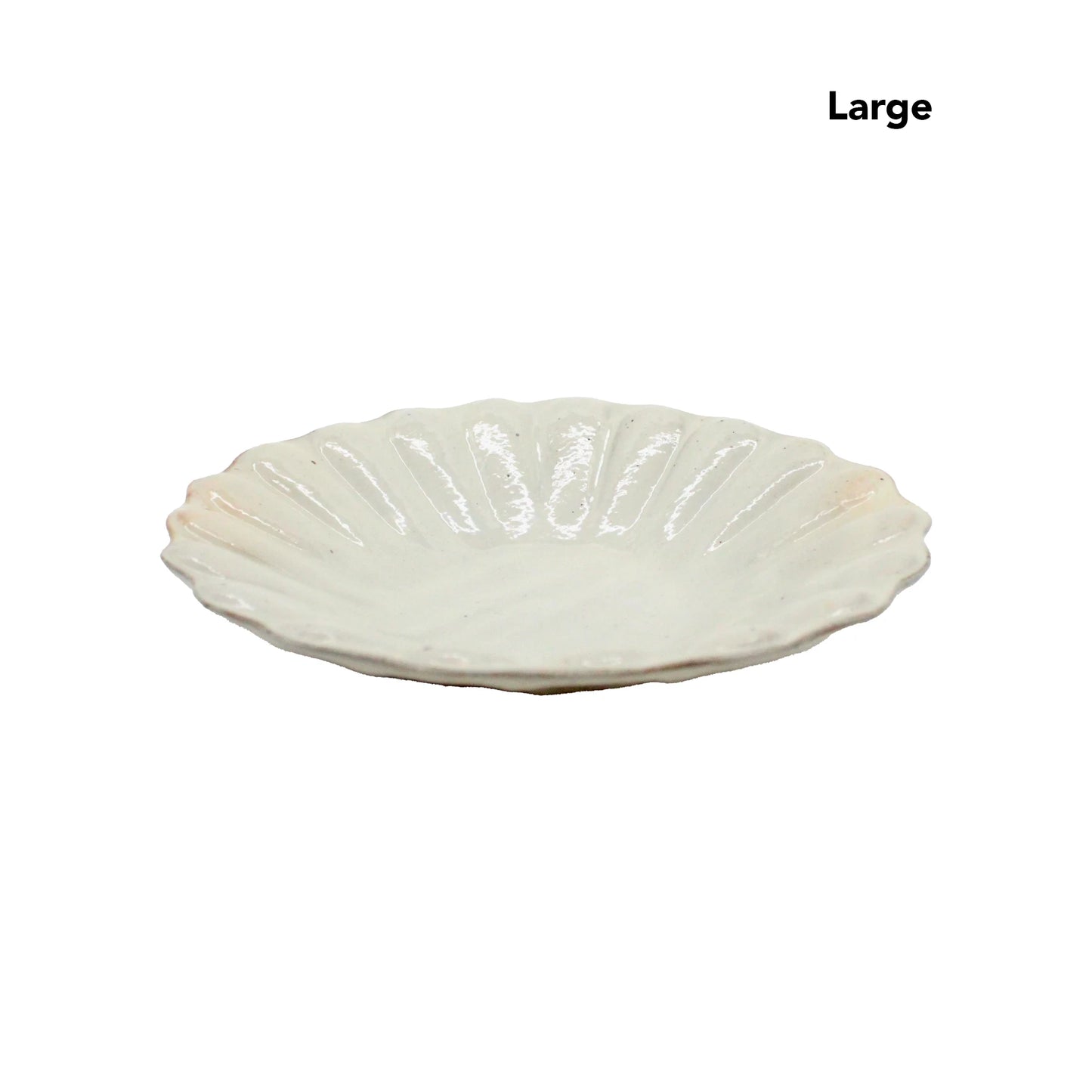 The Flower Plates - Iron Scatter is a large, white handmade plate featuring a scalloped edge and textured surface, inspired by Japanese ceramic plates, displayed on a plain white background.