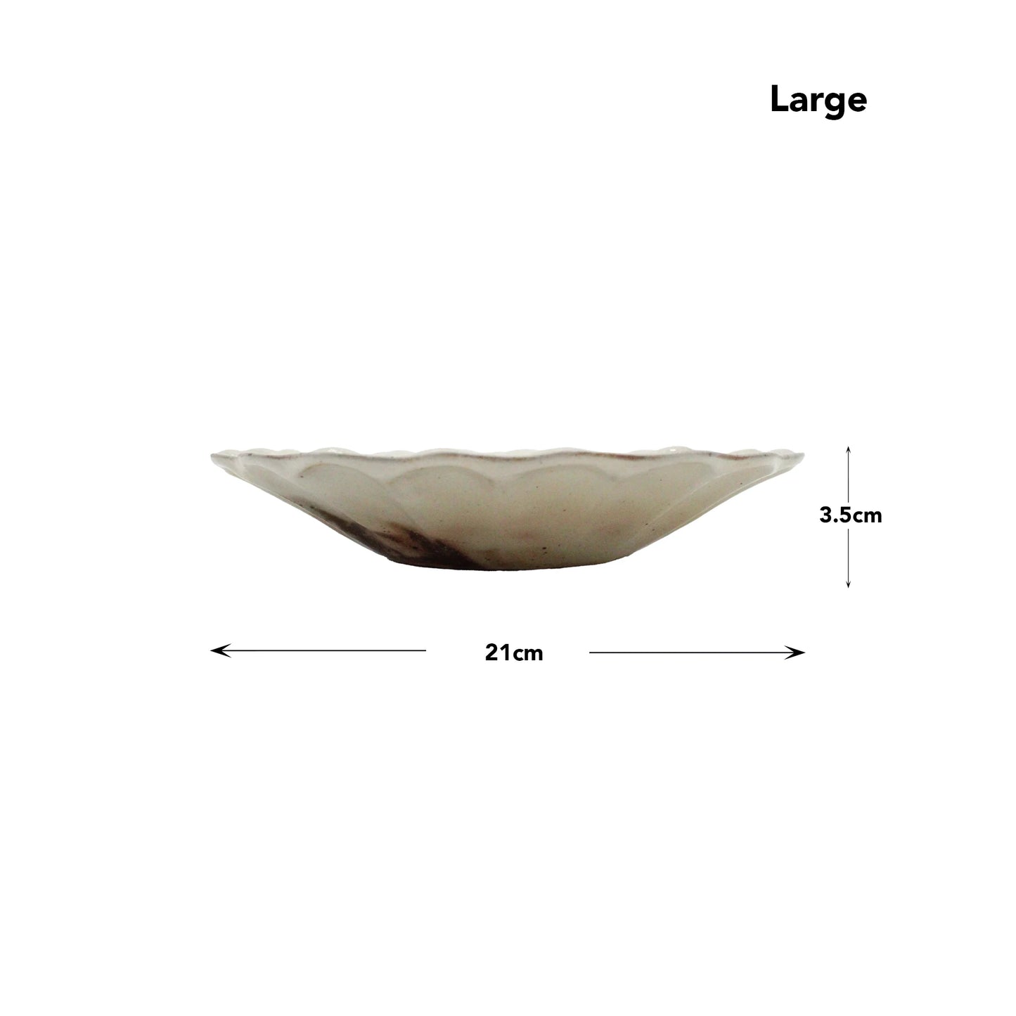 Side view of the Flower Plates - Iron Scatter: a large, shallow Japanese ceramic dish with scalloped edges, measuring 21 cm in diameter and 3.5 cm in height, exemplifying elegant craftsmanship.