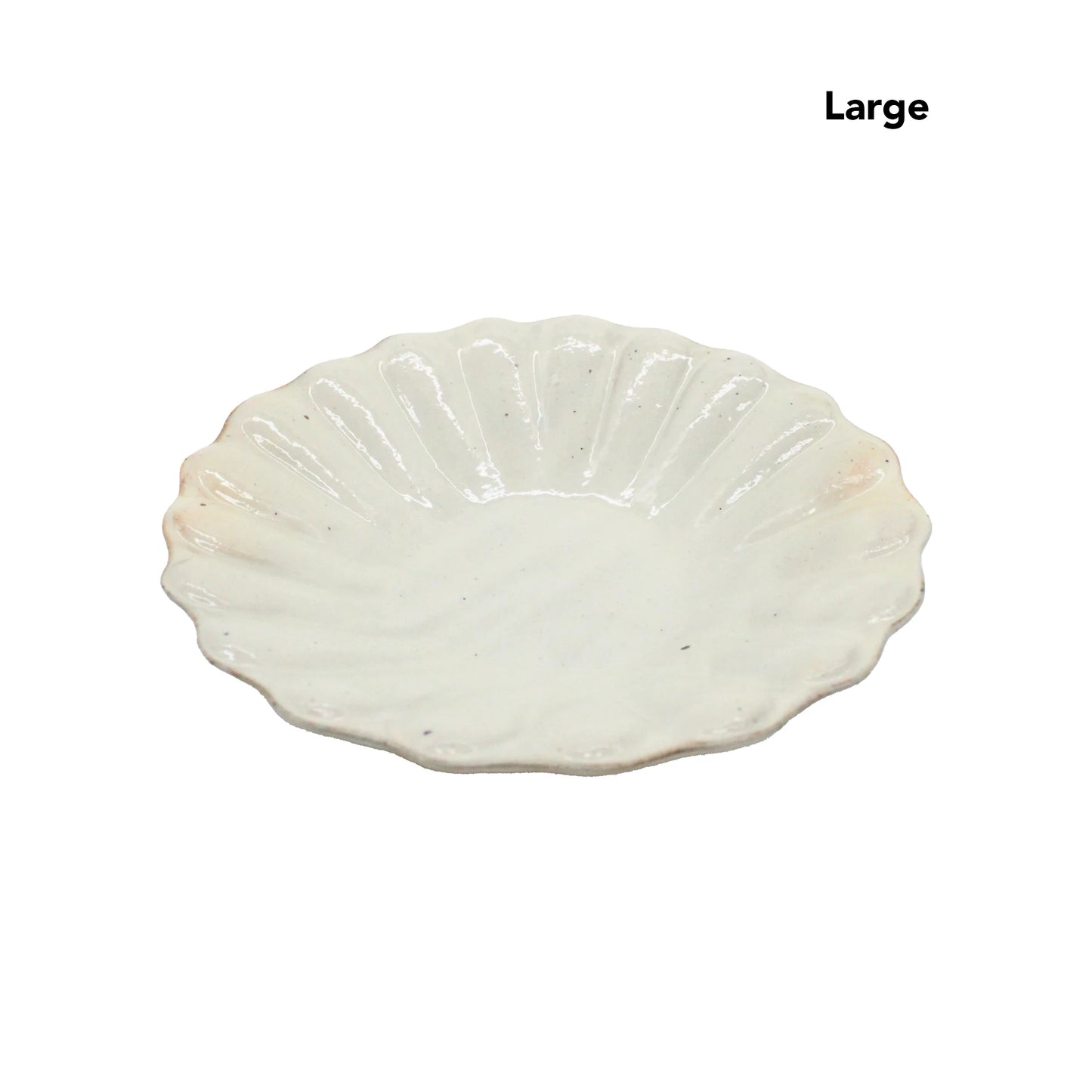 The Flower Plates - Iron Scatter is a large, white ceramic plate with a scalloped edge inspired by Japanese ceramics, shown against a plain white background. “Large” is displayed in the top right corner.