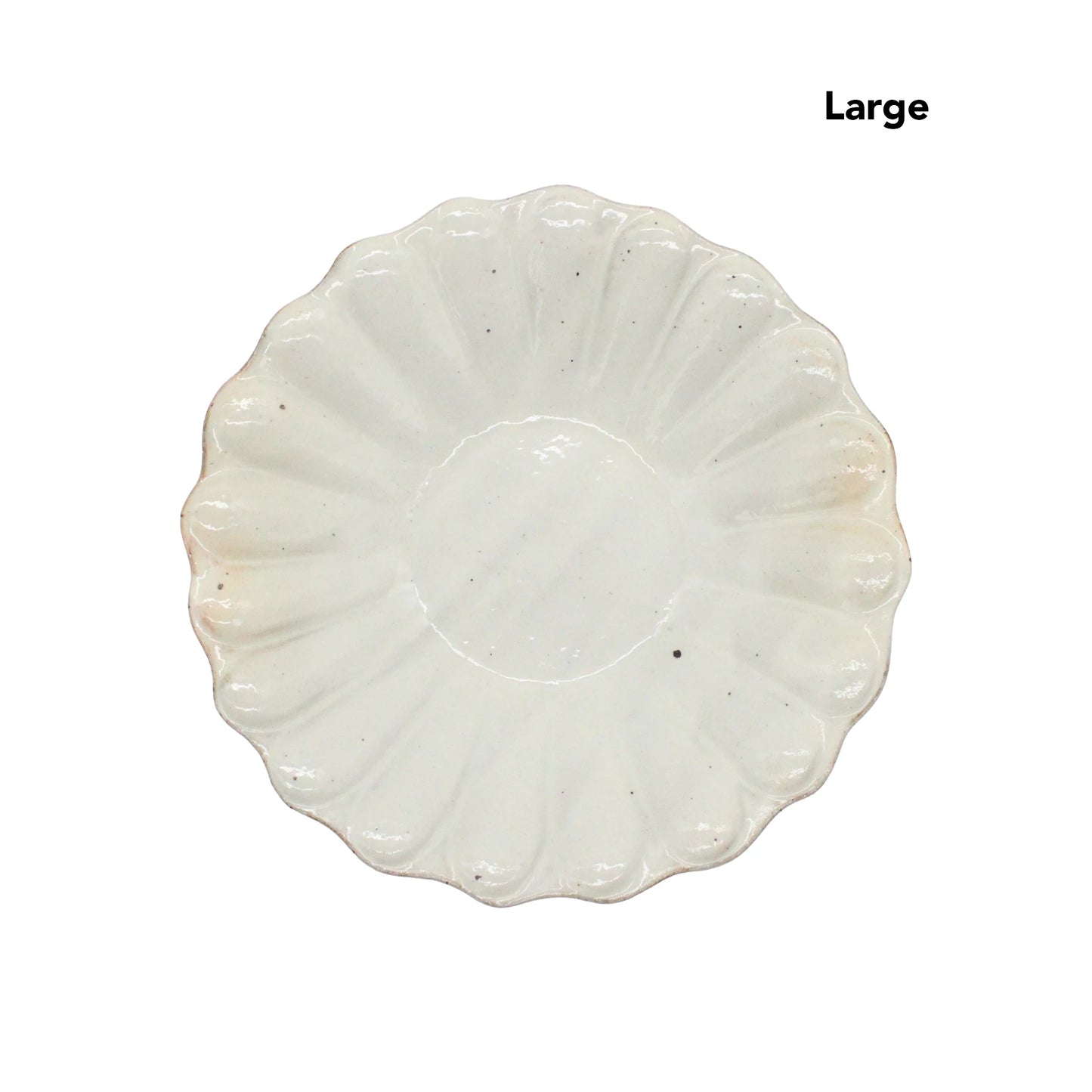 The Flower Plates - Iron Scatter is a white ceramic plate with a scalloped edge, inspired by Japanese ceramics, labeled Large in the top right corner.