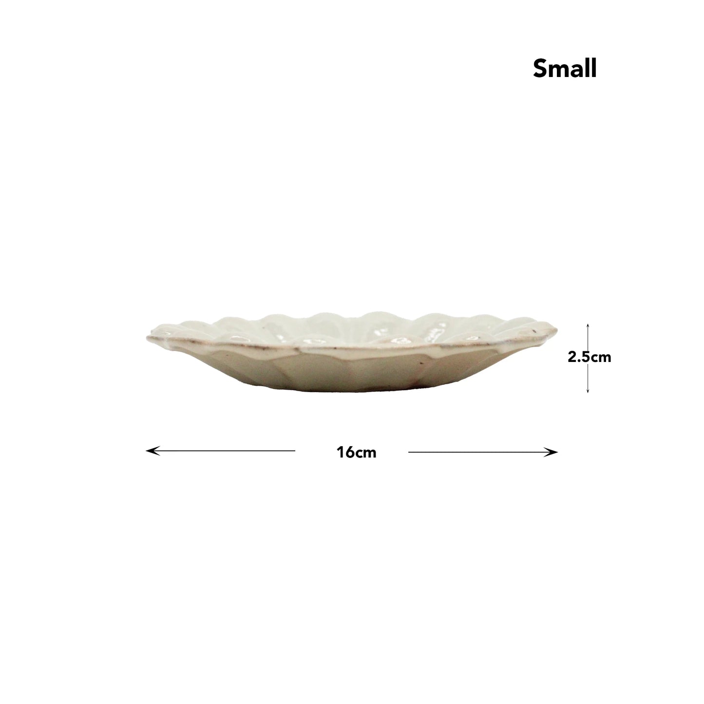 A Japanese ceramic plate, “Flower Plates - Iron Scatter,” features a small, shallow, scalloped edge and measures 16 cm in diameter by 2.5 cm high; Small appears in the top right corner.