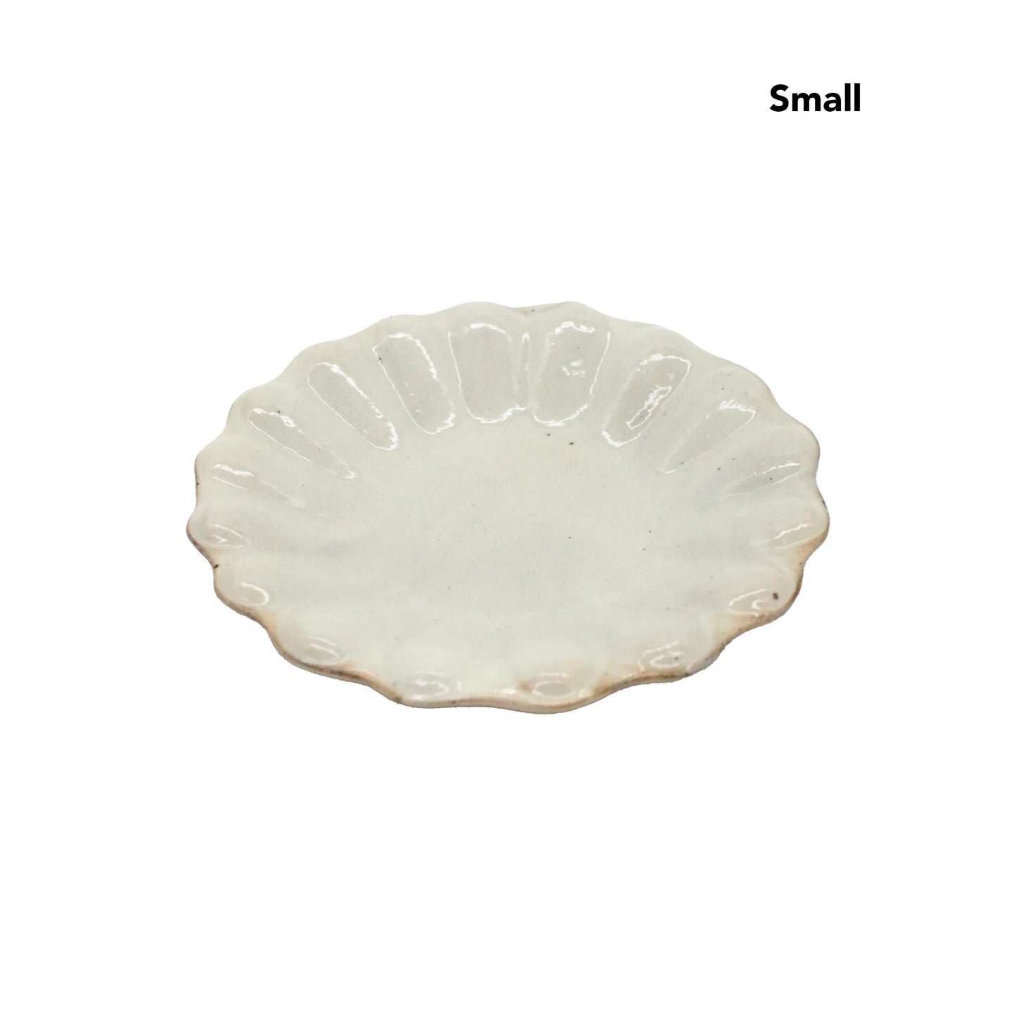 Small, round, white Japanese ceramic Flower Plate - Iron Scatter with scalloped flower-shaped edges on a plain white background. "Small" is written in the top right corner.