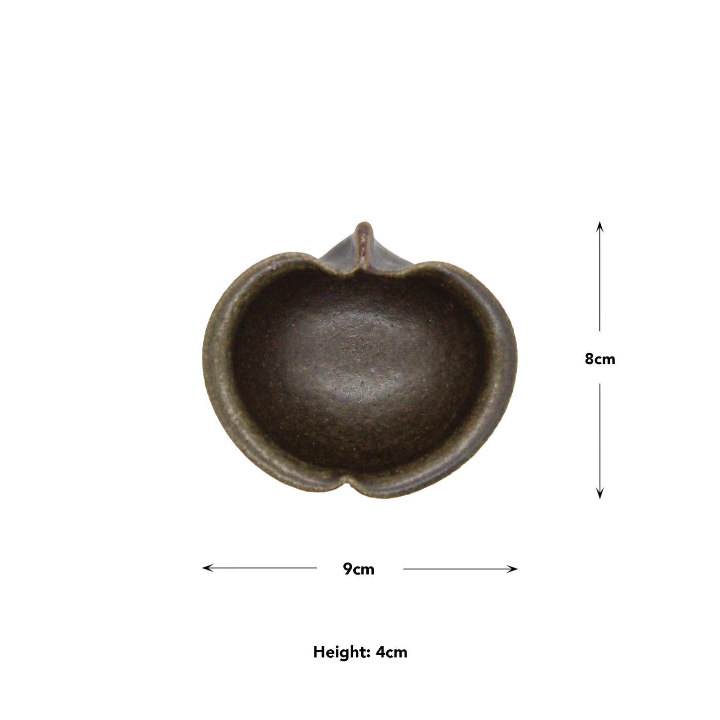 Top view of the Apple Bowl - Rust Glaze (Mini), a dark, heart-shaped Japanese ceramic bowl inspired by Shigaraki pottery, measuring 9 cm wide, 8 cm long, and 4 cm high.