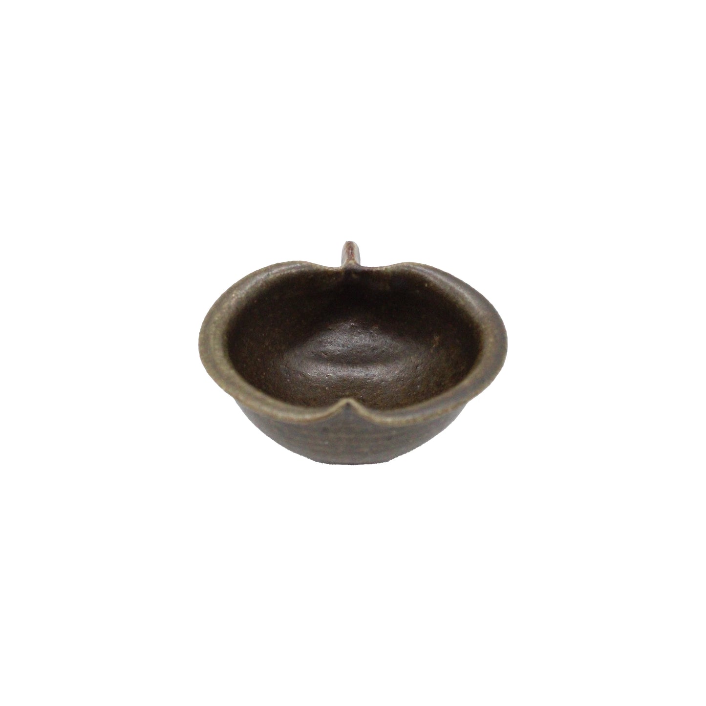 A mini, round Japanese ceramic bowl in dark brown rust glaze with a notch on one side, called "Apple Bowl - Rust Glaze (Mini)," is displayed on a white background.