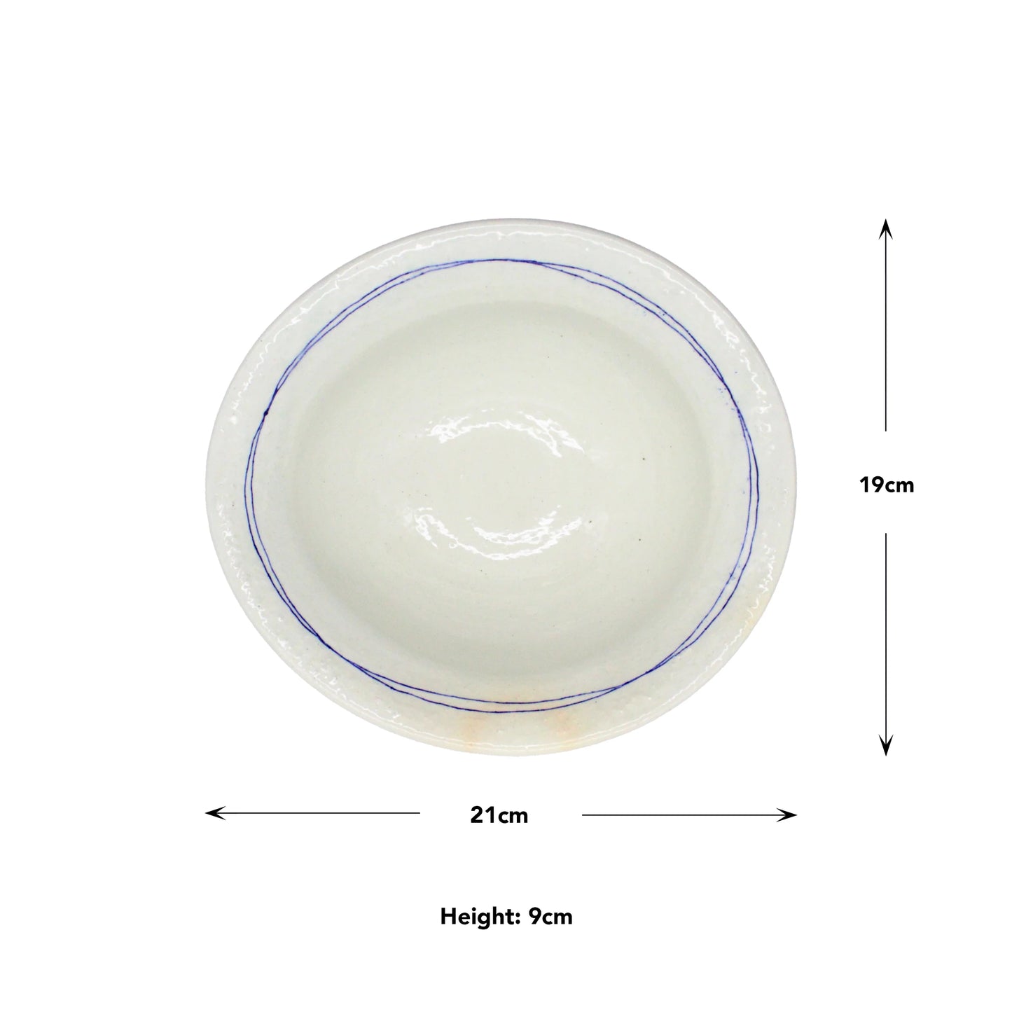Top view of the Serving Bowl - Gothic Line Warped, white with a blue rim, inspired by Japanese ceramics. Measures 21 cm wide, 19 cm deep, and 9 cm high. Measurement arrows shown.