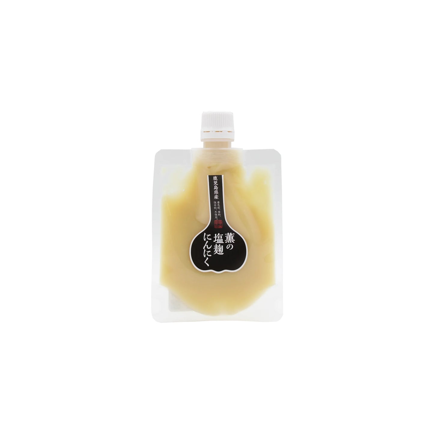 A clear, stand-up pouch with a white cap contains Garlic Shio Koji, a pale yellow umami-rich paste, and features a black label with Japanese text on the front.