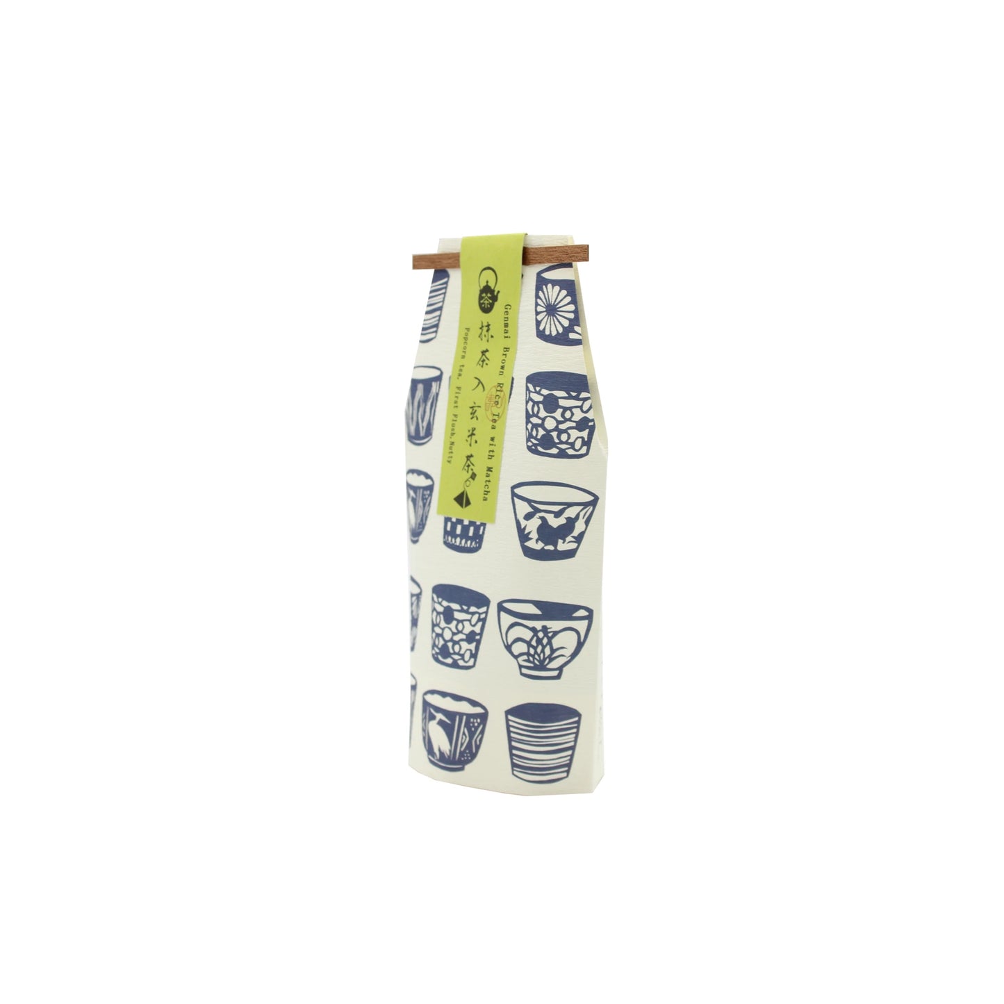 A paper package with blue cup illustrations, sealed with a wooden clip and green Japanese label, contains Genmaicha Green tea (7 bags) - 21g, a traditional Japanese popcorn tea blend.