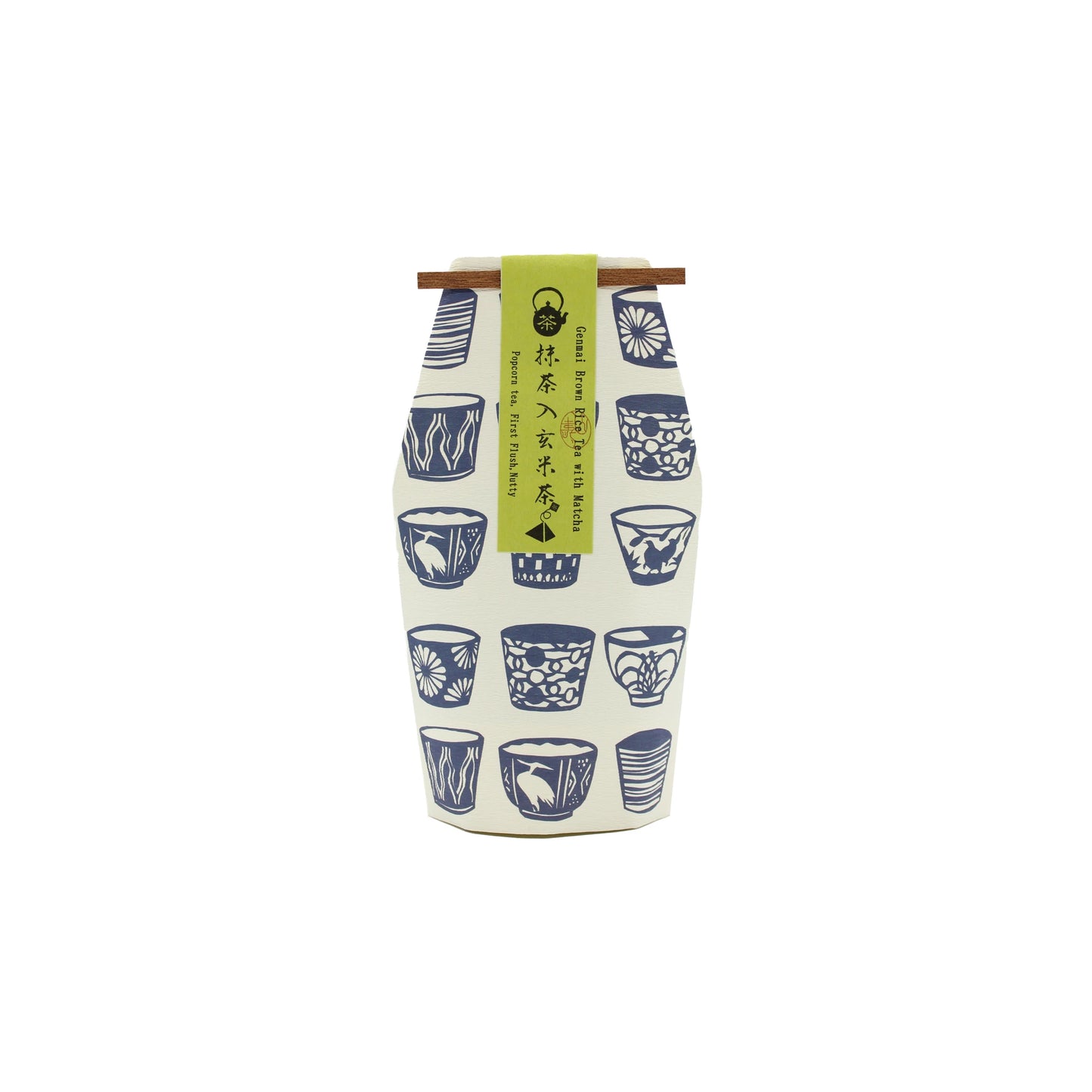 A cylindrical container of Genmaicha Green Tea (7 bags, 21g) features blue and white cup patterns, a wooden lid, and a green Japanese-labeled vertical strip—ideal for storing this traditional popcorn tea.
