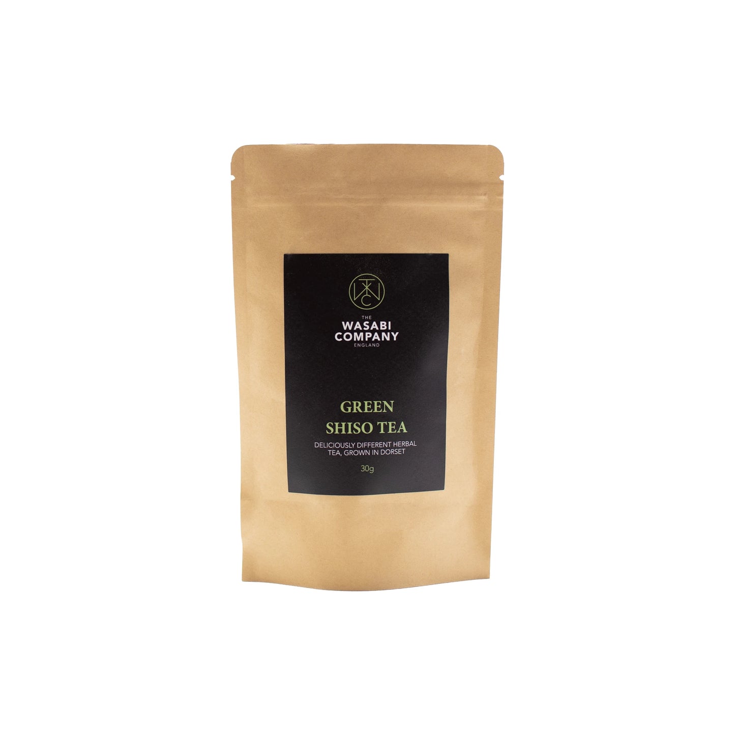 A brown resealable pouch labeled Green Shiso Tea - 30g with a black and green front label, this delicately flavoured tea is crafted from green shiso grown on a Dorset farm.
