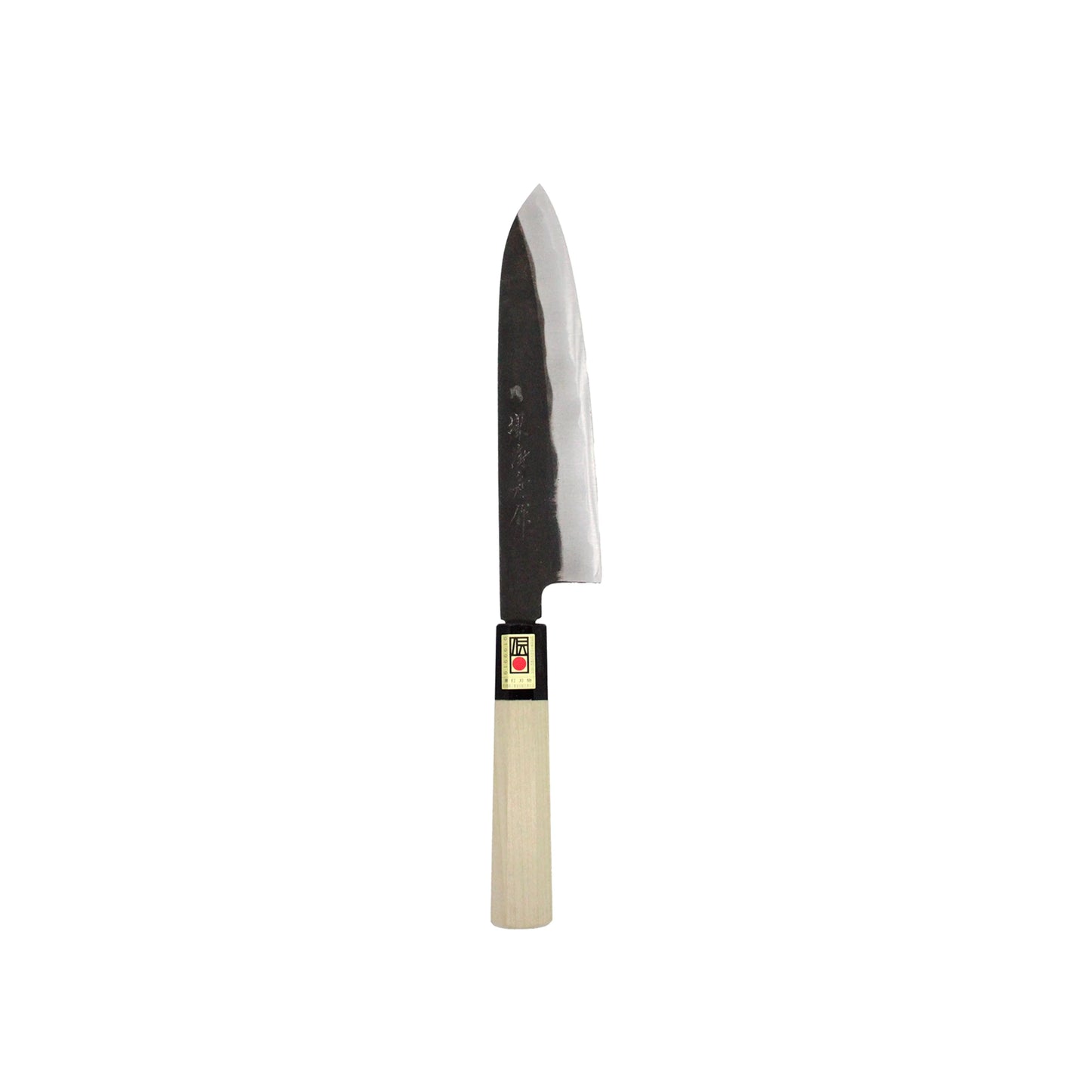 The Gyuto Chef’s Knife Black Forged 210mm is a Japanese kitchen knife with a wide, sharp steel blade and a light wooden handle, featuring a double-bevel edge. Presented against a plain white background.
