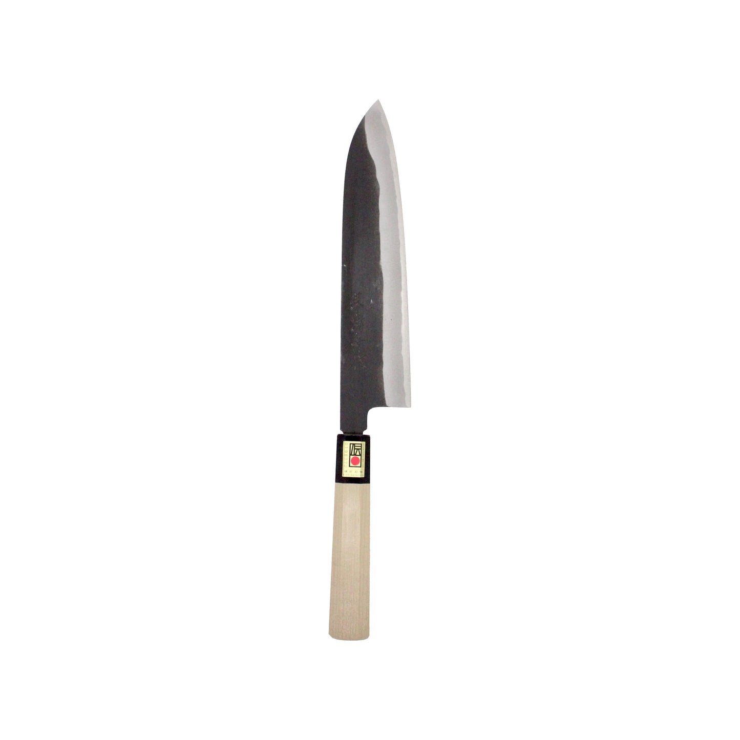 The Gyuto Chef’s Knife Black Forged - 240mm features a wooden handle and a shiny, tapered double-bevel blade, shown against a white background.
