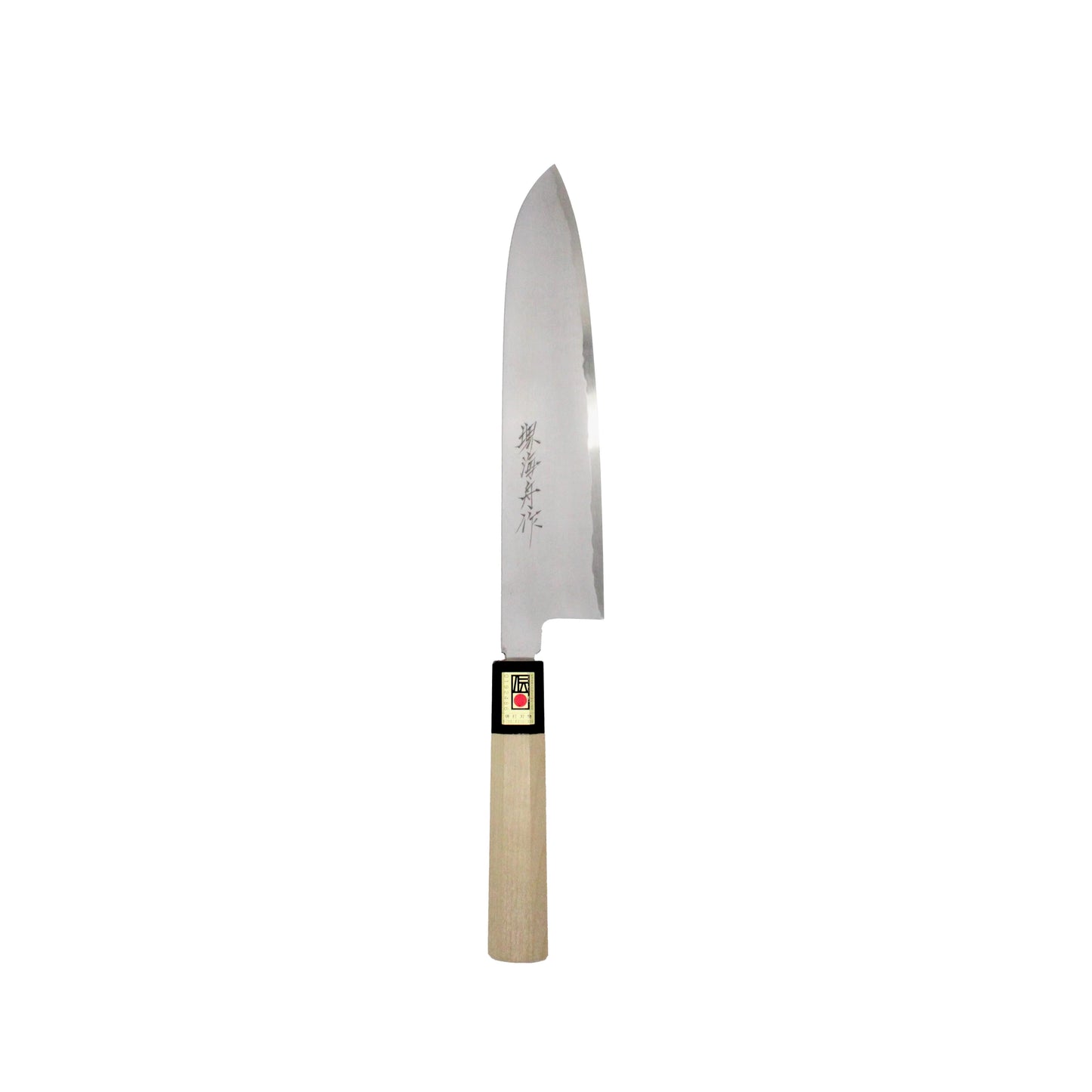 The Gyuto Chef’s Knife Straight Polished - 240mm features a silver engraved blade and light wooden handle, shown against a plain white background. Its double-bevel edge ensures precise, versatile slicing for chefs.