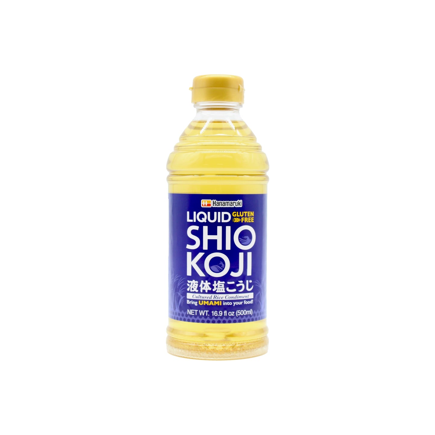 Hanamaruki Gluten Free Shio Koji - 500ml comes in a clear plastic bottle with a yellow cap and blue label. This gluten-free seasoning uses traditional fermentation to deliver rich umami flavor.
