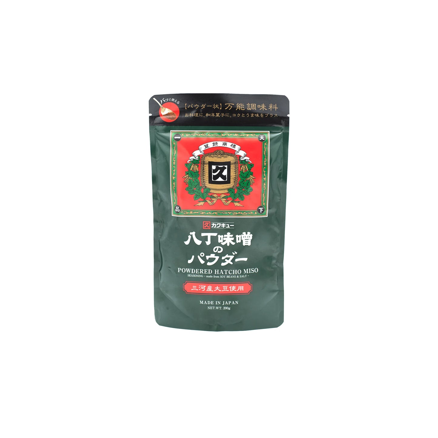 A 200g pouch of Freeze Dried Hatcho Miso Powder stands upright with Japanese text and a decorative label, perfect for adding rich umami flavor to your dishes. Gluten-free and ideal for enhancing meals.