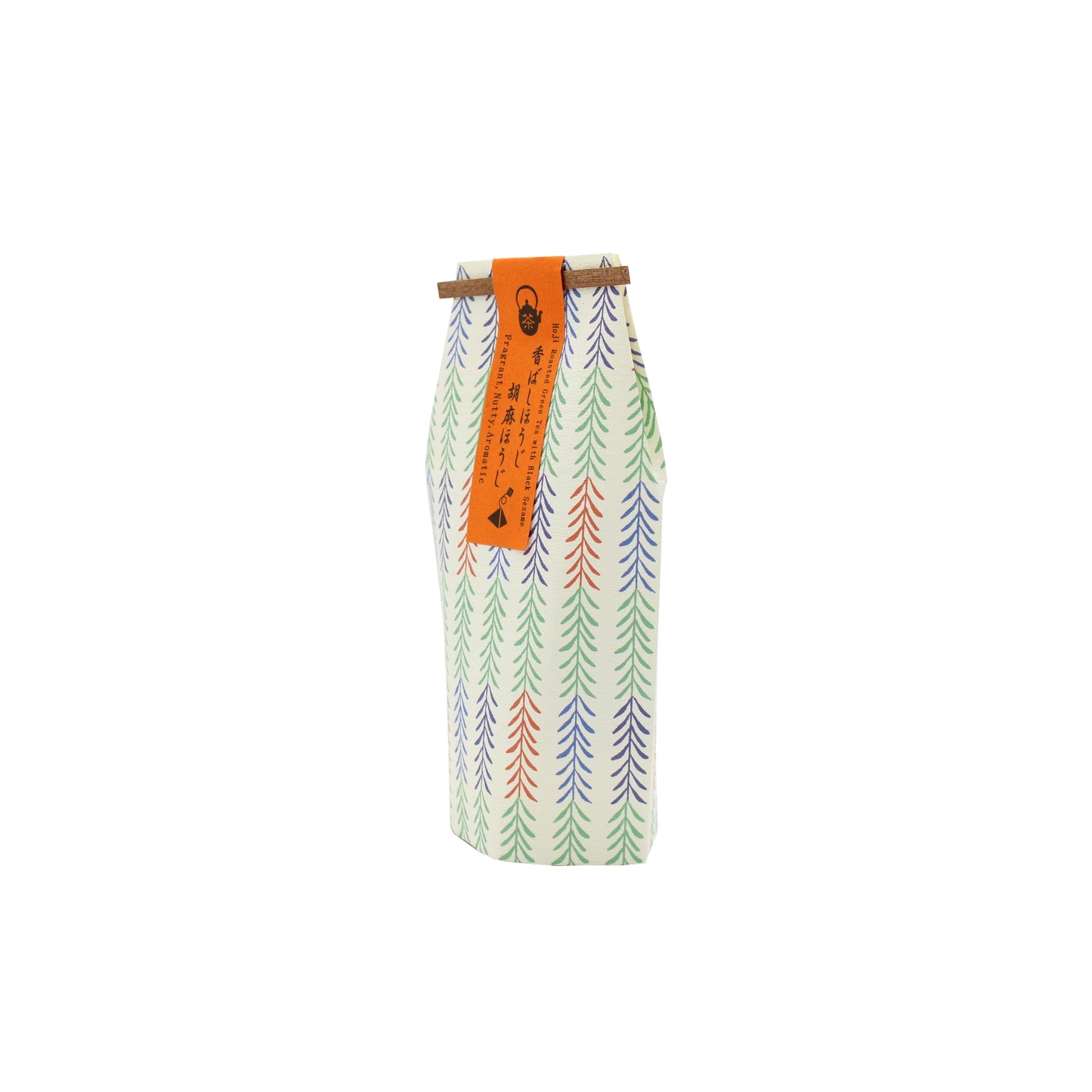 A hexagonal container with green, orange, and blue leaf patterns, sealed with an orange tag and wooden stick—perfect for gifting Roasted Hojicha Sesame Green Tea - 21g (7 bags).