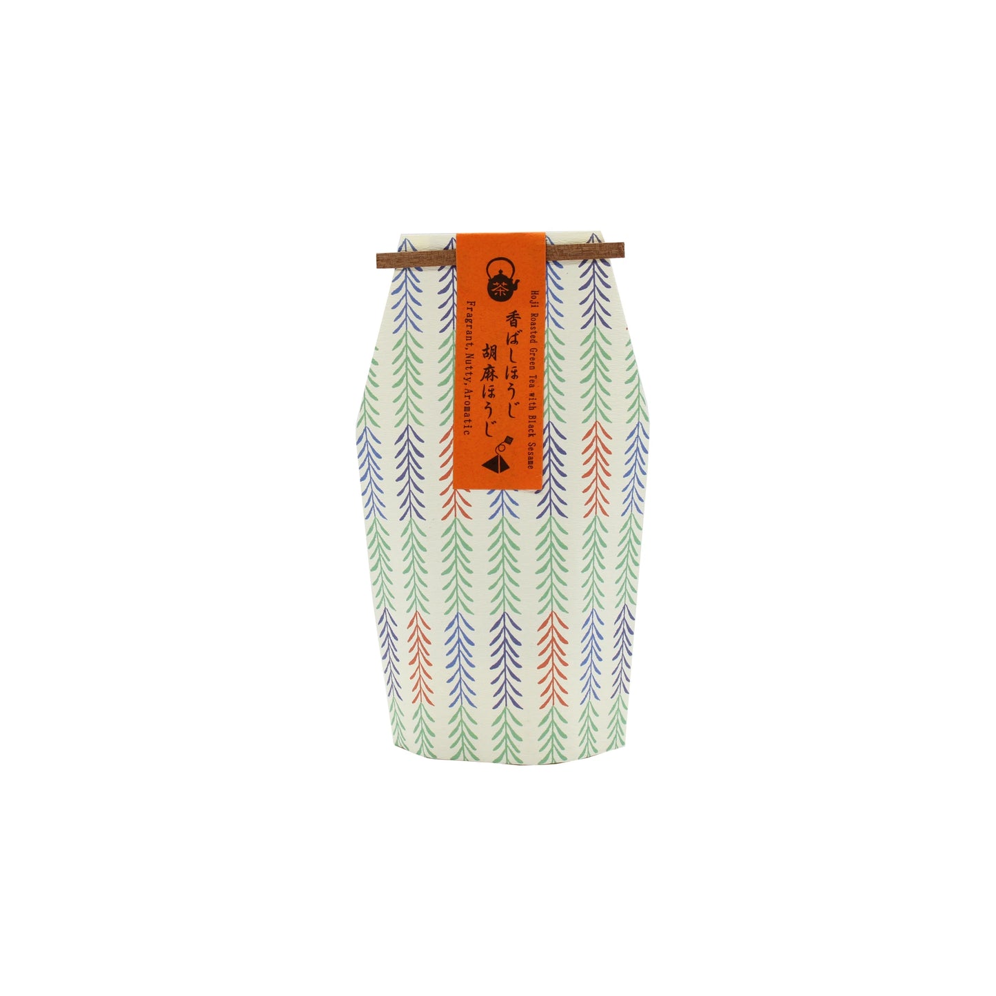 A packaged item wrapped in paper with blue and orange-green lines, topped with an orange label featuring Japanese text and a black graphic—indicating it is Roasted Hojicha Sesame Green Tea - 21g (7 bags).