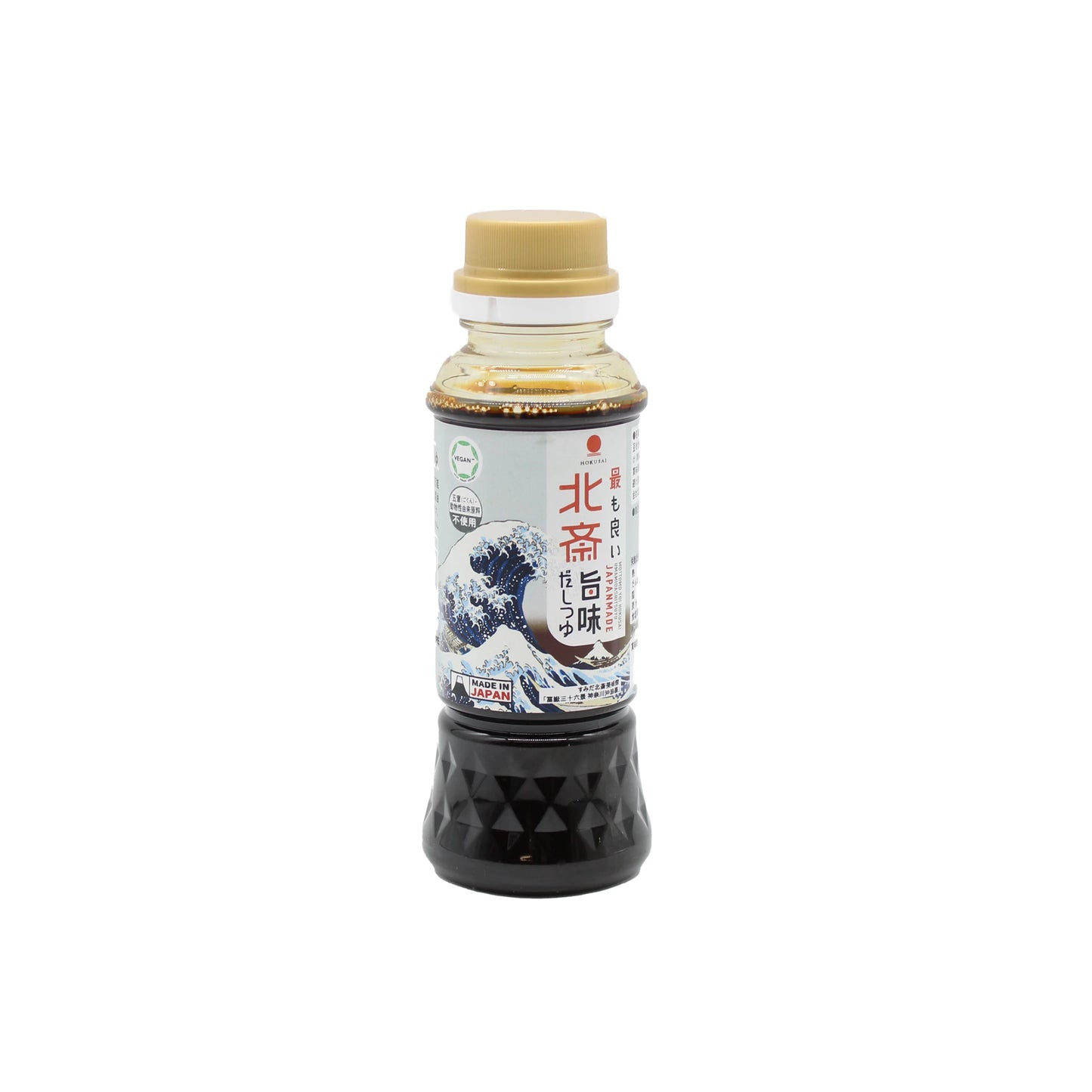 A bottle of Hokusai Vegan Dashi with a beige cap and a label featuring Japanese text and wave art, delivering rich umami flavour, on a white background.