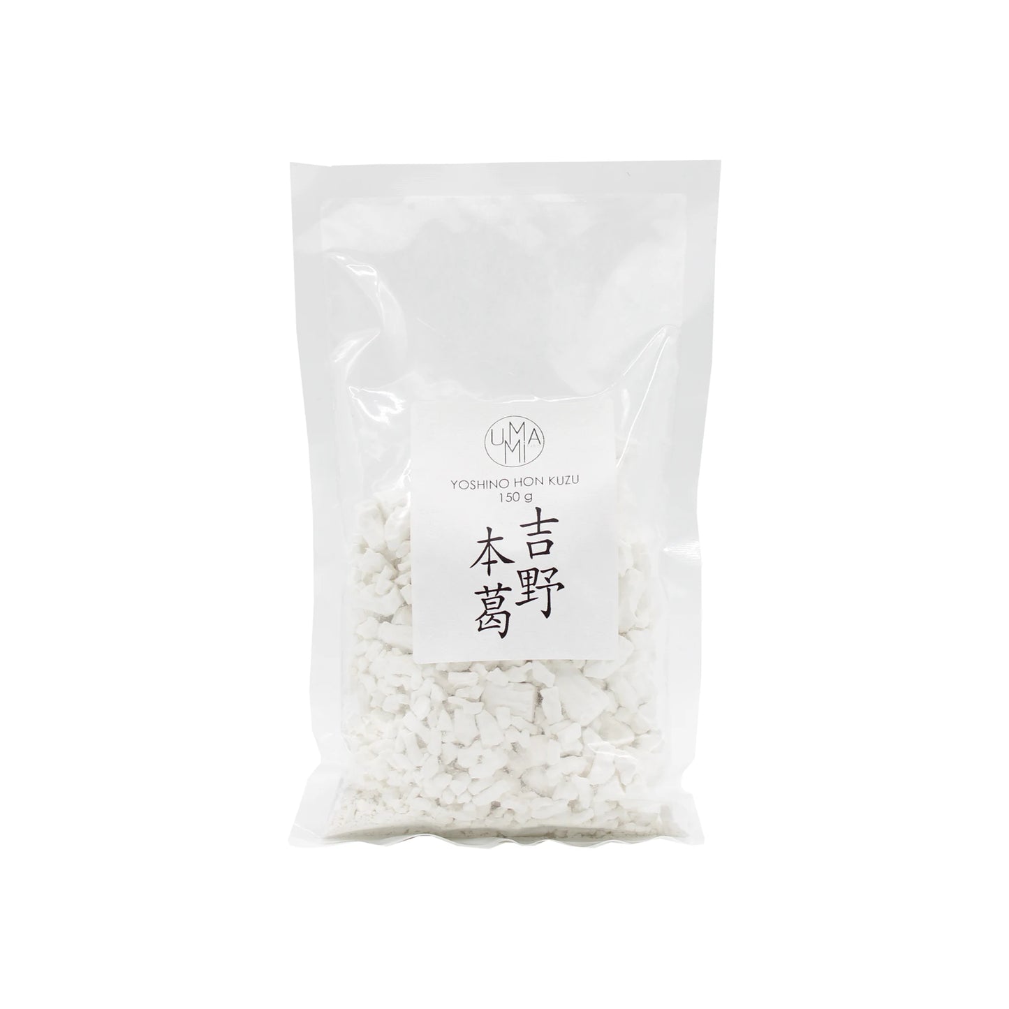 A clear plastic bag containing white chunks labeled Hon Kuzu Flour - 150g in English and Japanese—a premium gluten-free thickening agent for cooking.