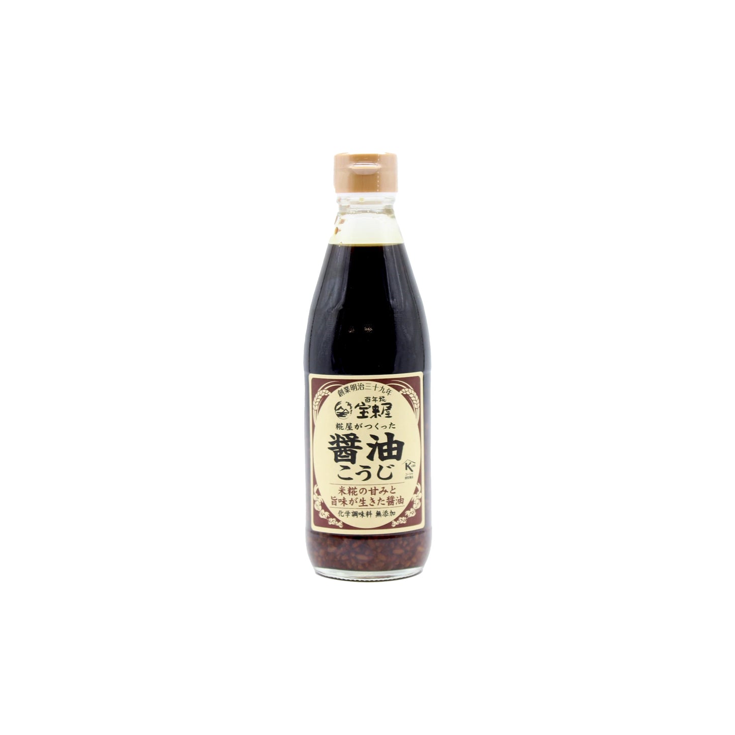 A 340ml glass bottle of Horaiya Honten Koji Soy Sauce, crafted via koji fermentation, with a beige cap and a cream-colored label featuring Japanese text.