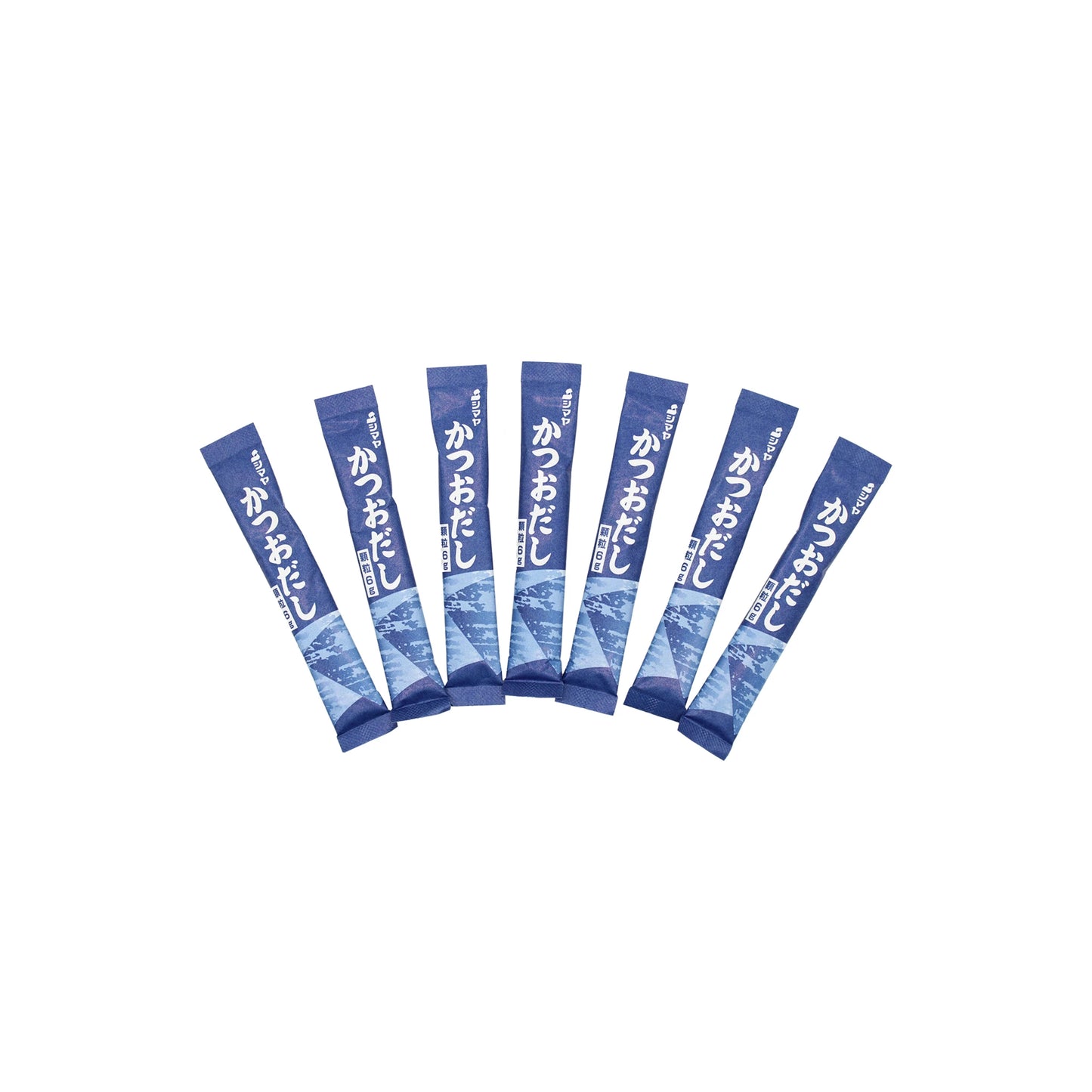 Seven blue packets of Shinmaya Bonito Fish Dashi Powder with Japanese writing are arranged in a fan shape on a white background, perfect for adding authentic flavor to Japanese dishes.