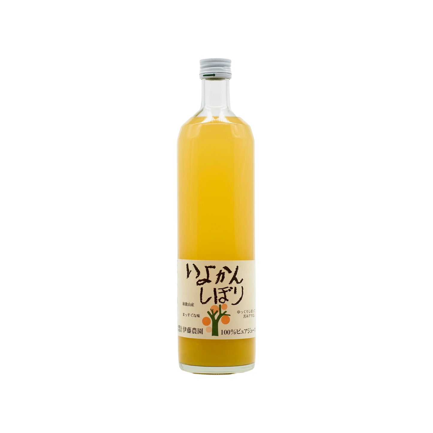 A clear glass bottle of Iyokan Juice - 750ml, filled with orange juice and featuring a white label with Japanese text and an illustration of an Iyokan citrus fruit.