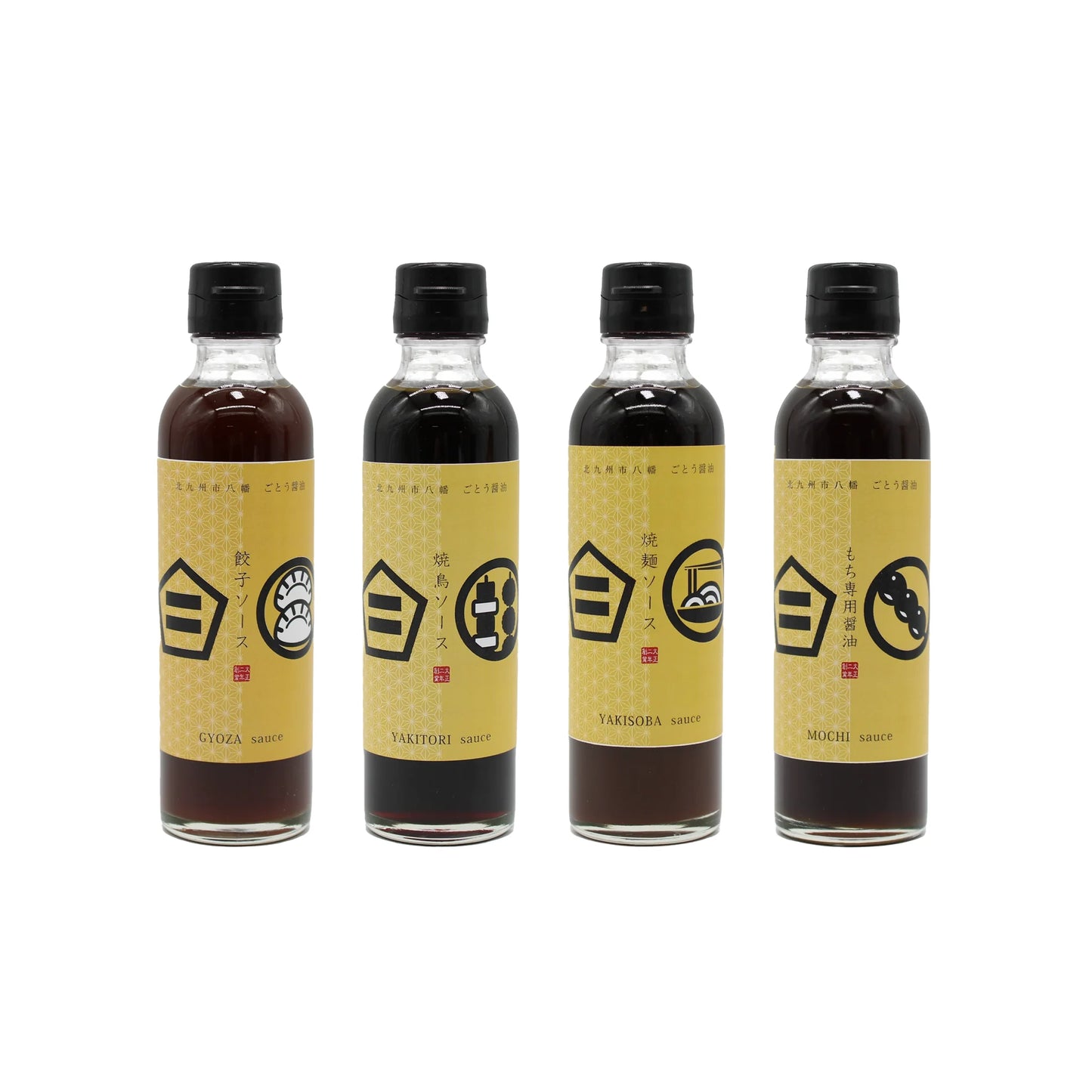 The Japanese Goto Sauce 4 Pack features four bottles, each with a yellow label for Gyoza Sauce, Yakitori Sauce, Yakisoba, and Mochi, neatly lined up against a white background.