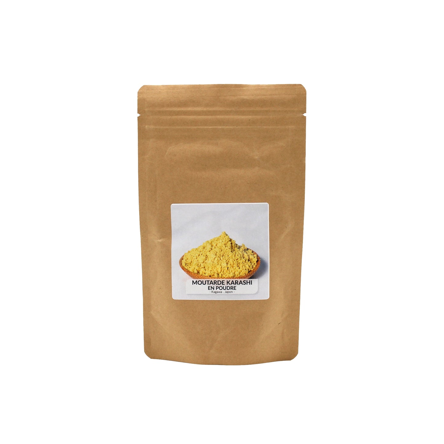 A brown resealable pouch labeled Karashi Mustard Powder - 50g, with an image of yellow mustard powder, offers authentic Japanese mustard ideal for adding bold flavor to your spice collection.