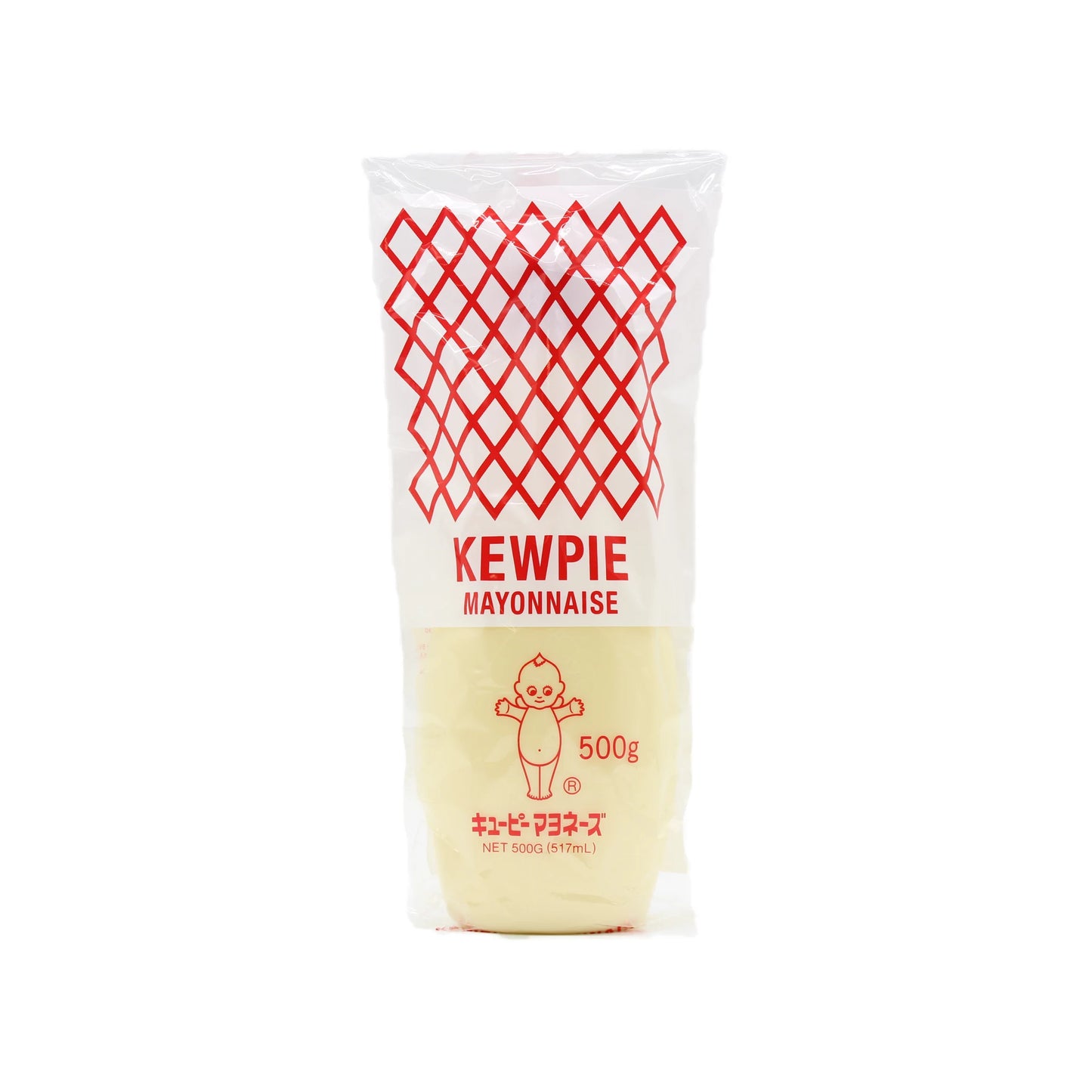 Kewpie Mayonnaise - 500g comes in a plastic squeeze bottle with the iconic cartoon logo and red diamond pattern, offering rich umami flavour from its egg yolk recipe.