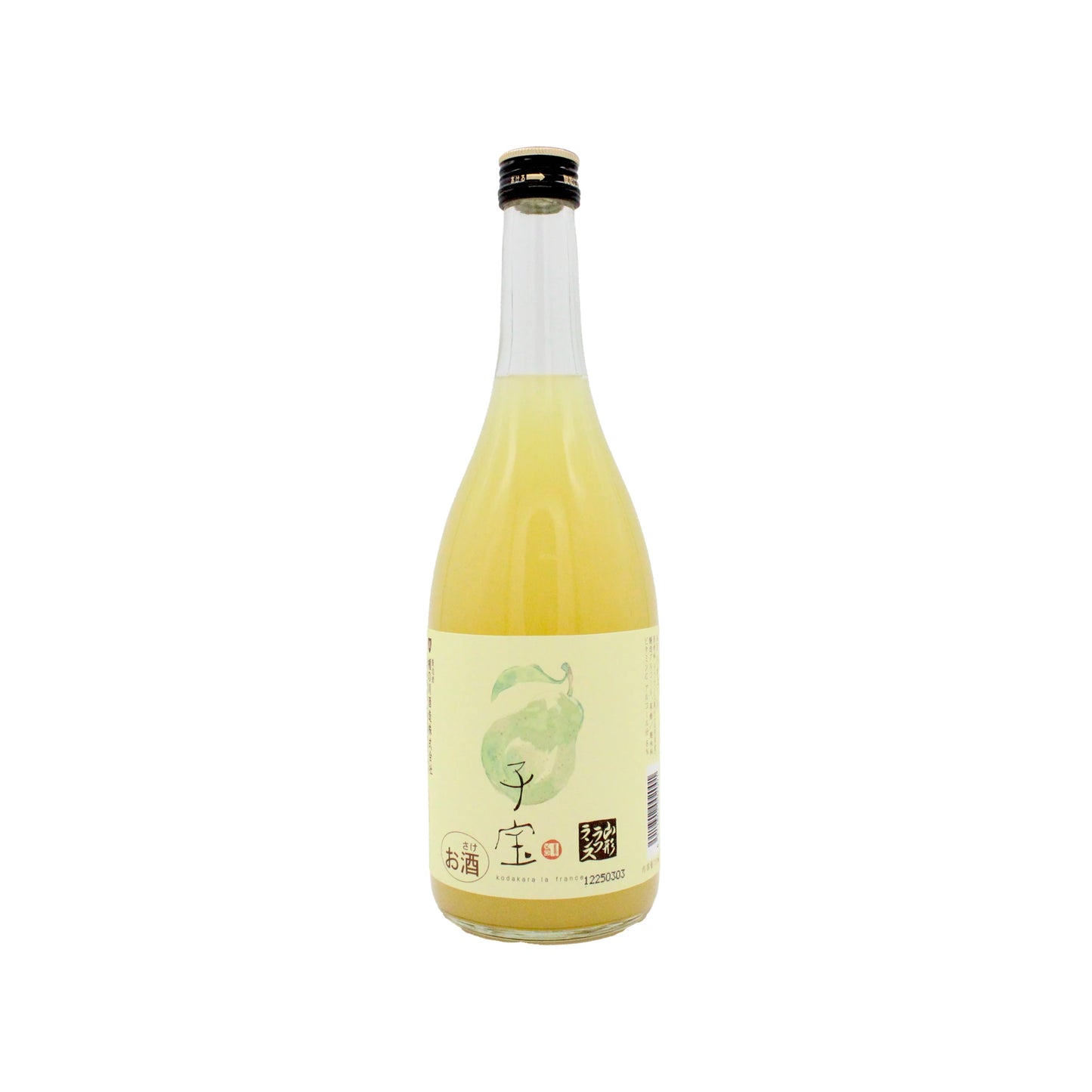 Kodakara - Yamagata La France Pear 720ml is a clear glass bottle with pale yellow liqueur, a white label featuring Japanese text and green pear art, plus a black cap—blending Yamagatas La France pears for a uniquely refreshing flavor.