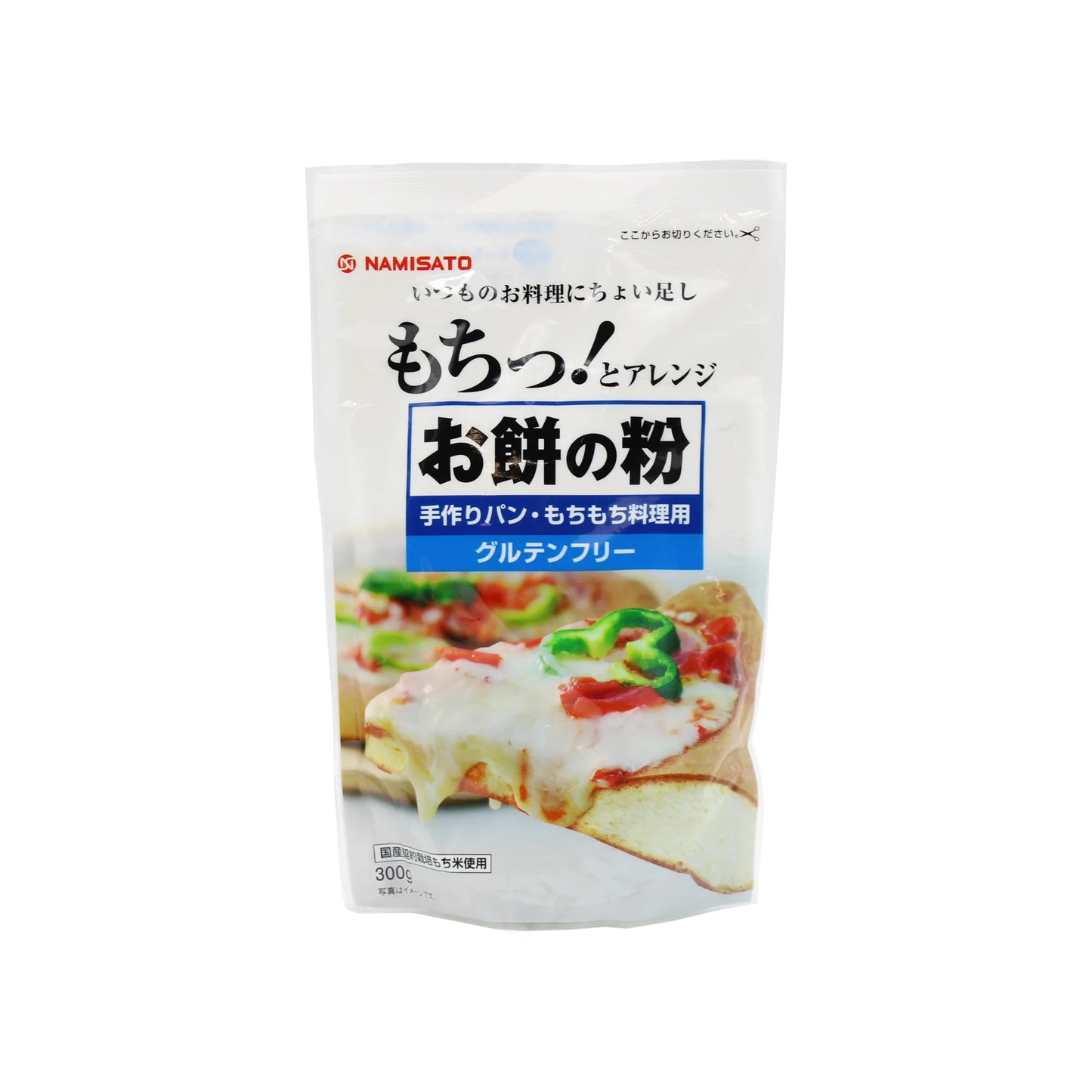 A white 300g bag of Mochiko Komeko Rice Flour for Mochi, made from sticky rice, with an image of a cheese pizza and Japanese/English labels. Ideal for mochi recipes or Japanese desserts.