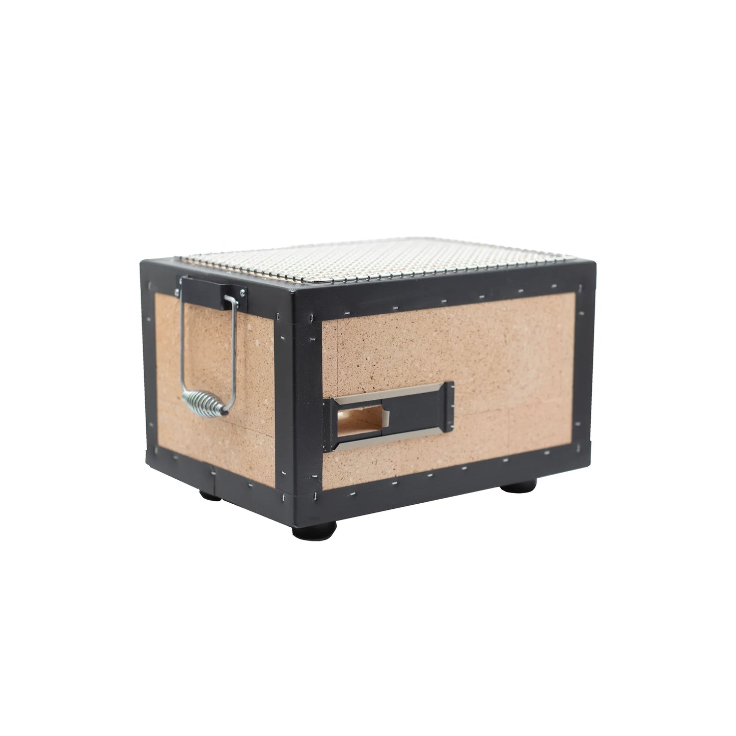 Konro Grill, Table Barbecue - 31cm: A rectangular Japanese charcoal grill with cork exterior, black metal frame, wire mesh top, and side handle sits on a white background, evoking the traditional Konro style.