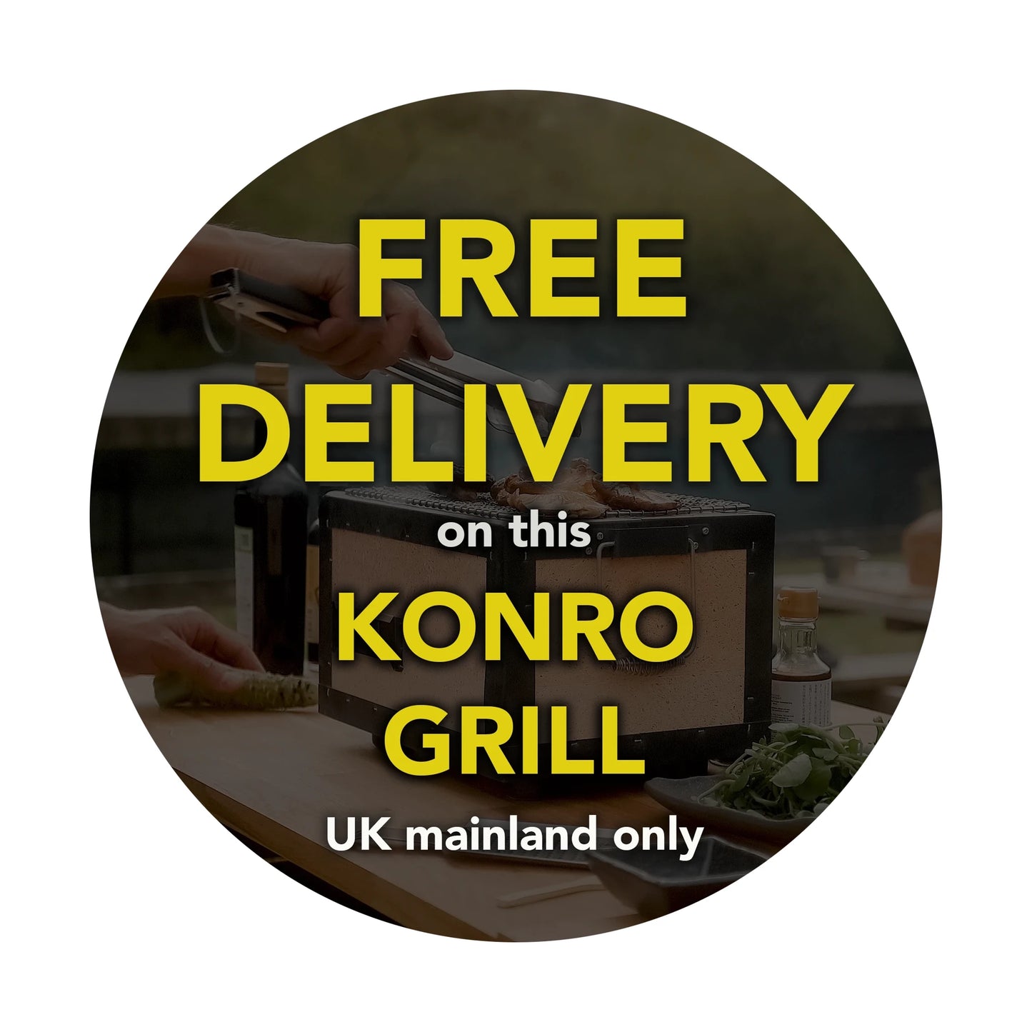 A circular graphic advertising free delivery (UK mainland only) on the Konro Grill, Table Barbecue - 31cm, featuring an image of the grill with outdoor cooking in the background.
