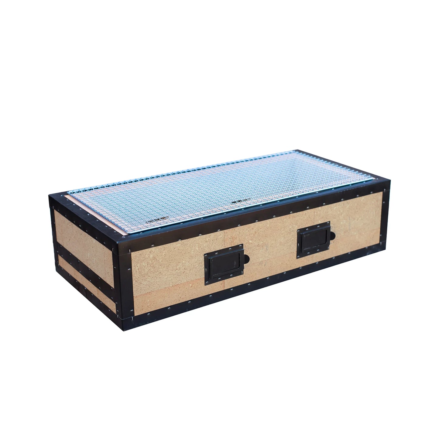 A rectangular wooden and metal ventilation box with a mesh top, black frame, and front handles—designed for use with the Konro Grill, Table Barbecue - 69cm or other Japanese charcoal grill setups.