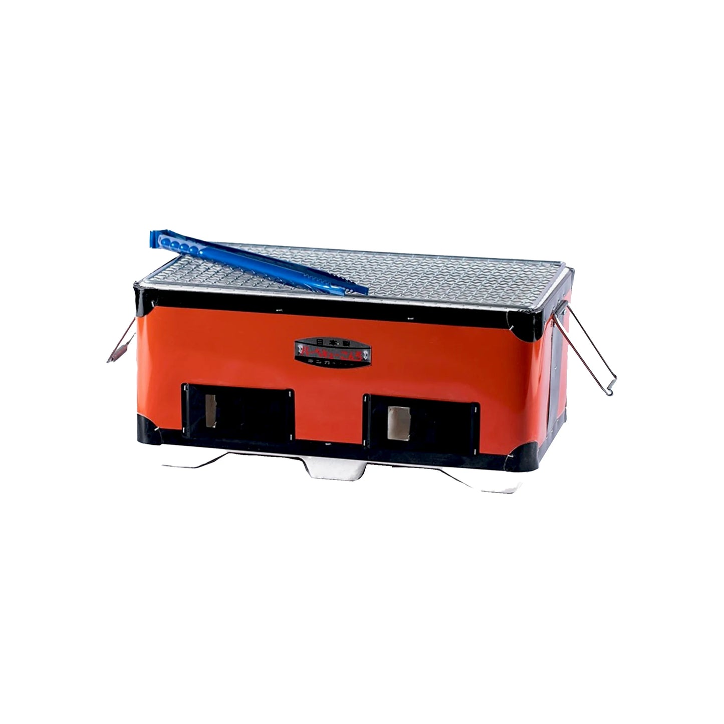 The Konro Grill in Red - 37.5cm is a rectangular Japanese charcoal grill with a metal grate and foldable side handles, shown with blue tongs resting on top.