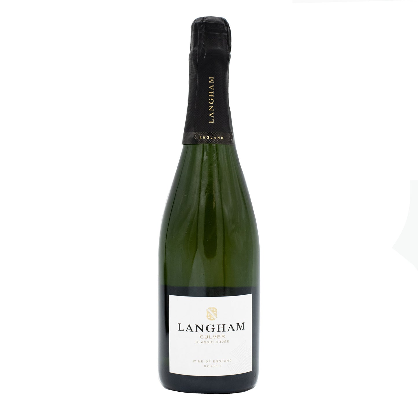 A 70cl bottle of Langham Sparkling Culver Classic Cuvee, a premium sparkling wine from Dorset with a black foil top and white label.