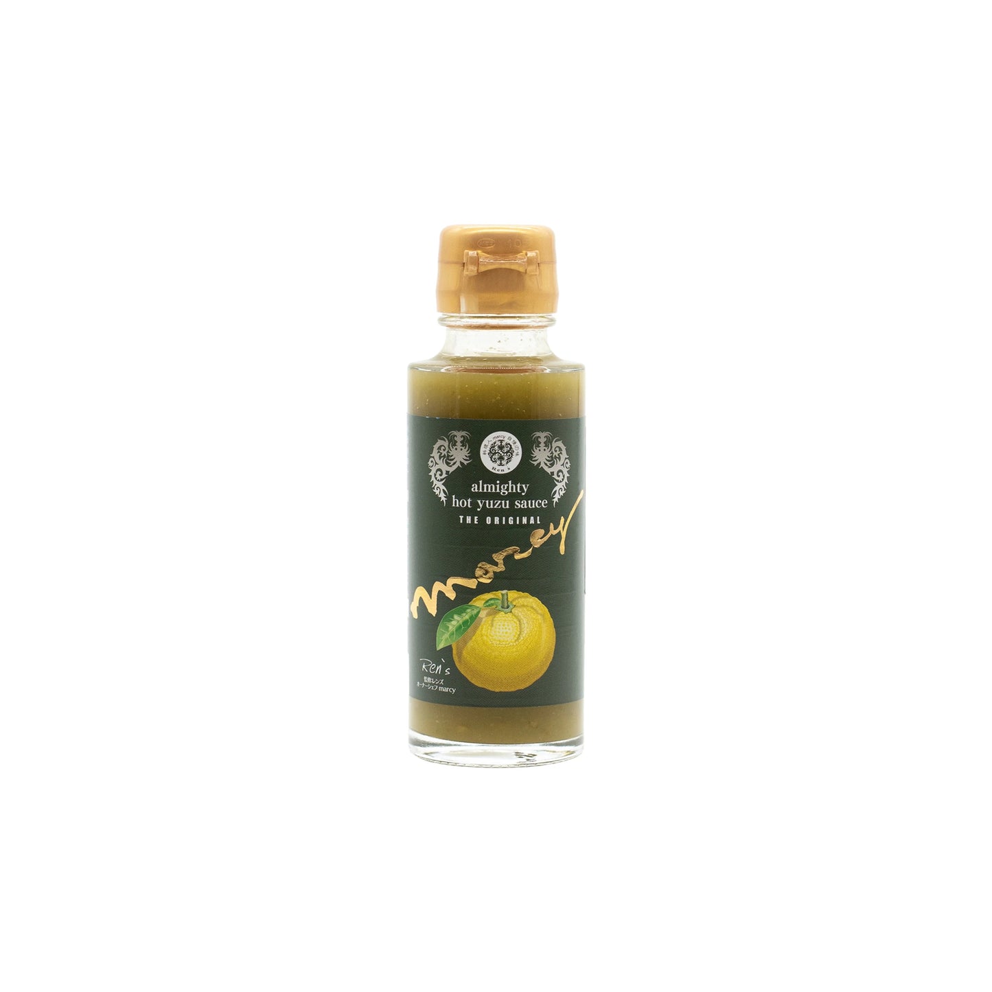A small glass bottle with a golden cap holds Liquid Yuzu Kosho Hot Sauce - 100g. The label features a yuzu fruit illustration—ideal for those who love spicy chili peppers or the distinct flavor of Yuzu kosho.