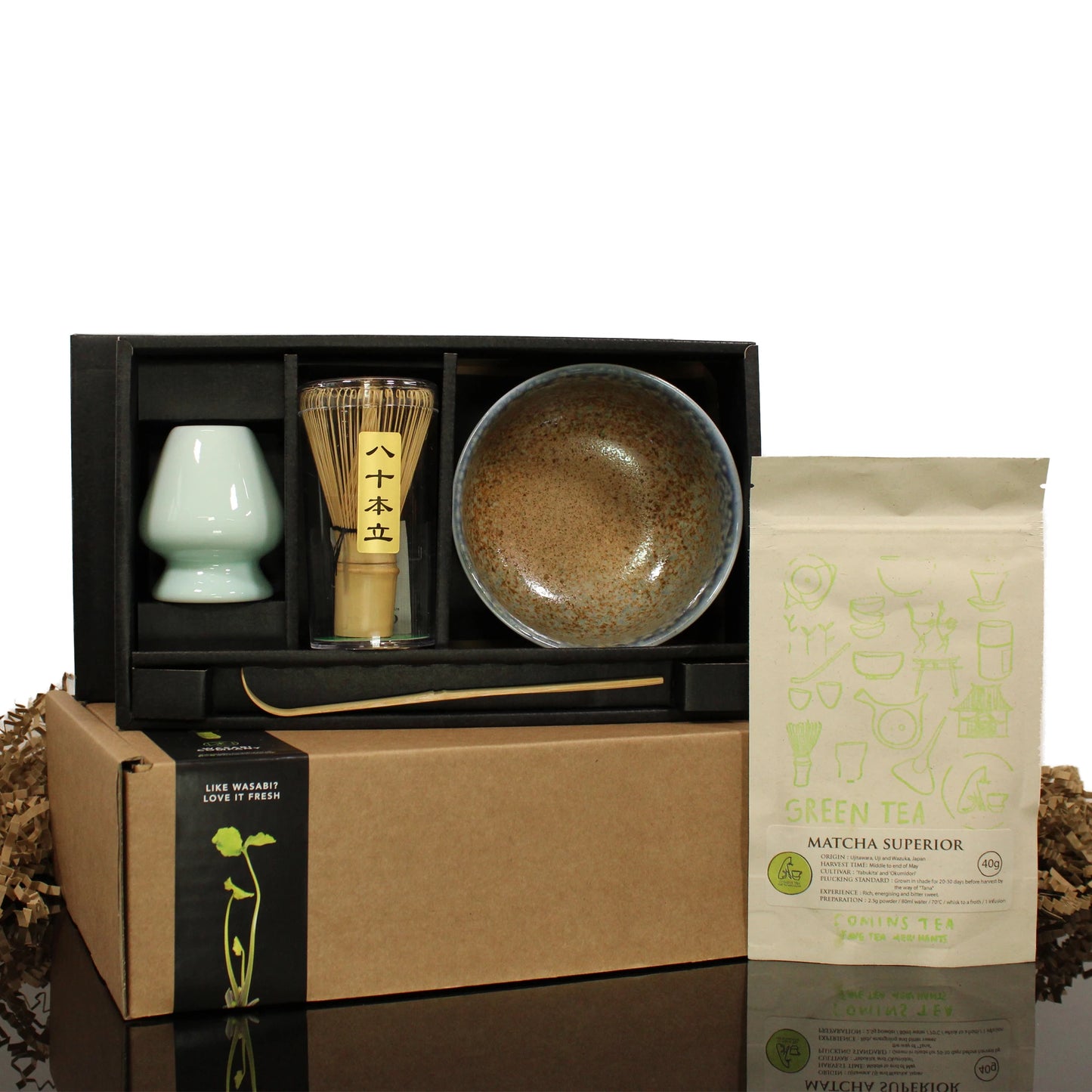 The Matcha Tea Set in Blue & Brown with Matcha Tea includes a ceramic bowl, bamboo whisk, matcha sifter, and superior grade matcha powder, all elegantly presented in a cardboard box.