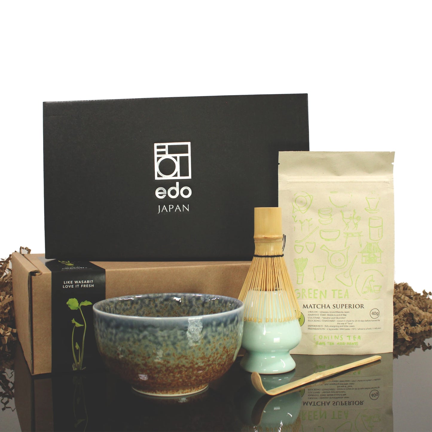 The Matcha Tea Set in Blue & Brown with Matcha Tea features a ceramic bowl, bamboo whisk, spoon, premium matcha powder packet, and Edo Japan branded packaging—perfect for authentic Japanese tea making.