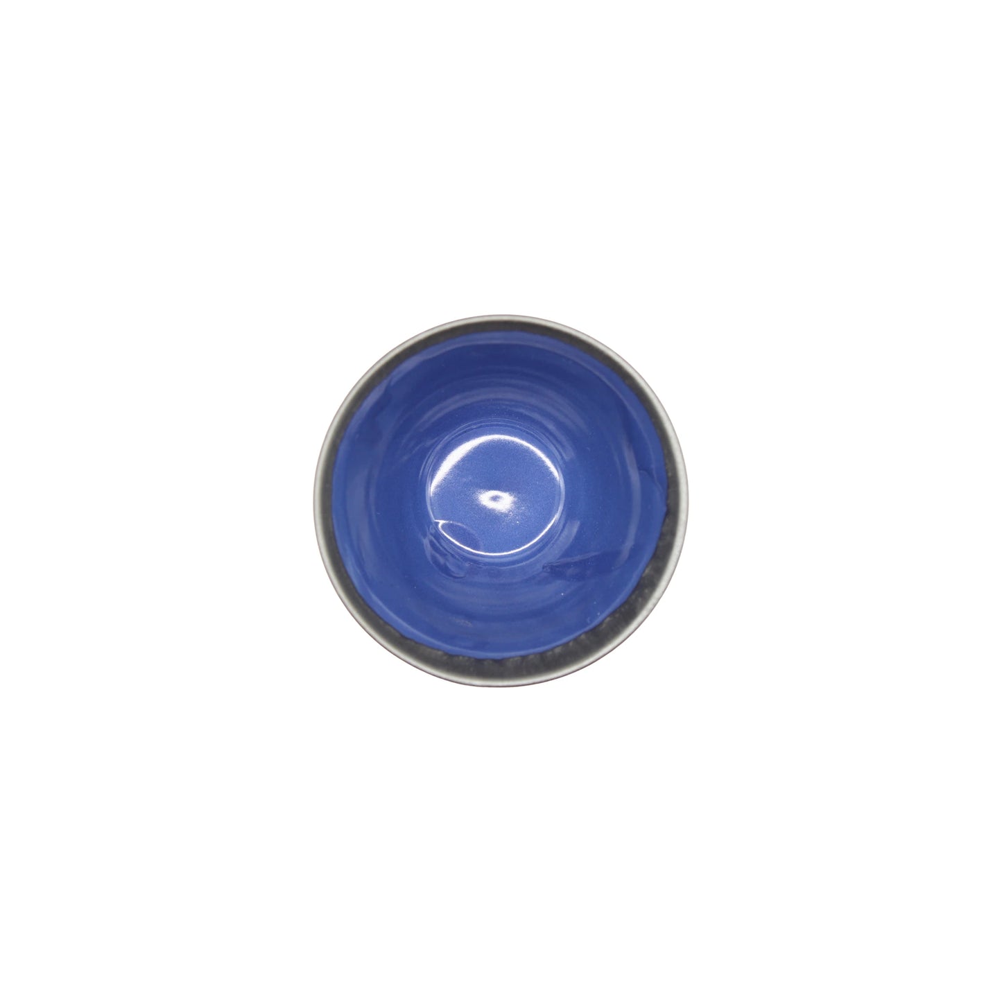 The Sencha Tea Cup features a round ceramic shape with a glossy indigo blue interior and metallic gray rim, reminiscent of traditional Japanese teacups, shown from above against a white background.