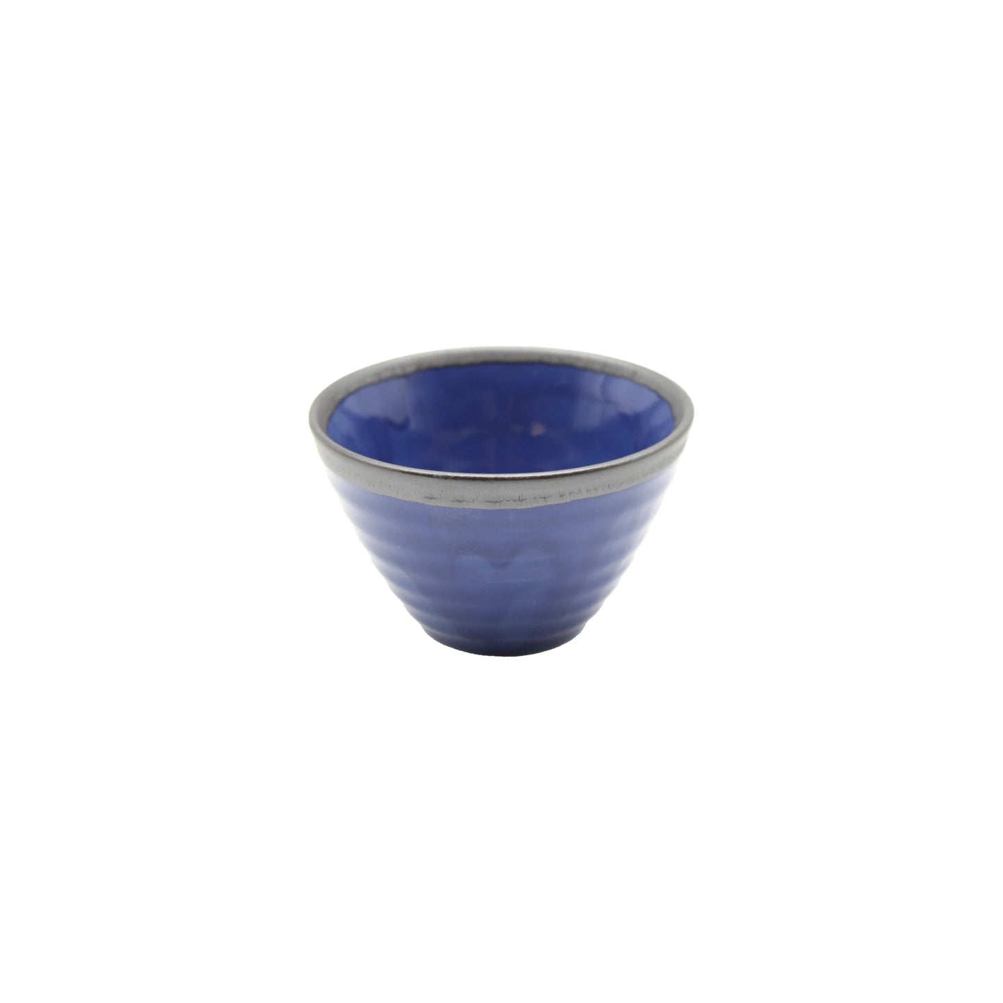 The Sencha Tea Cup - Indigo Blue and Metallic is a small, round ceramic bowl with a blue glazed interior and metallic gray rim, inspired by traditional Japanese teacups—ideal for serving Sencha, shown on a plain white background.