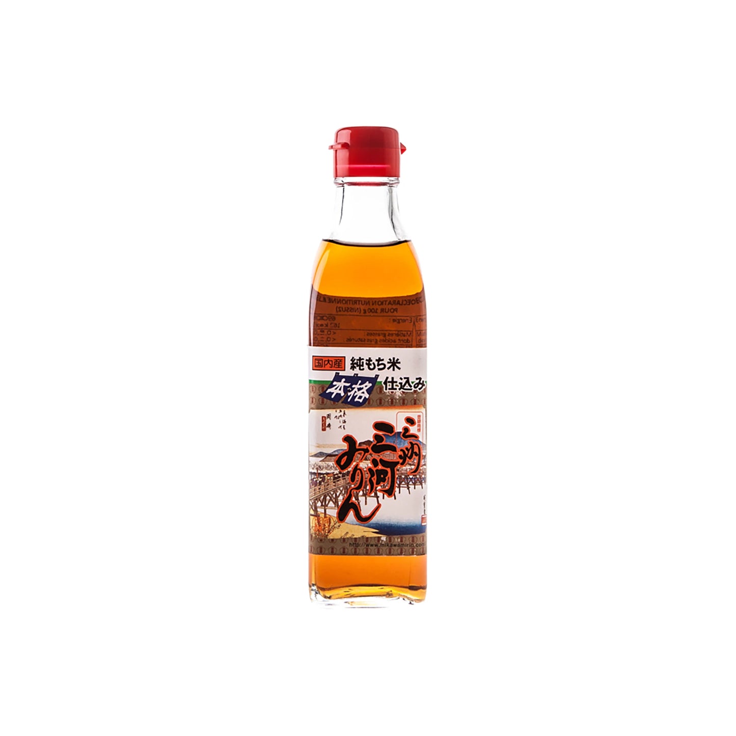 Mikawa Hon Mirin comes in a clear glass bottle with a red cap, containing brown liquid and a Japanese label with traditional artwork, showcasing its premium quality crafted from natural ingredients.