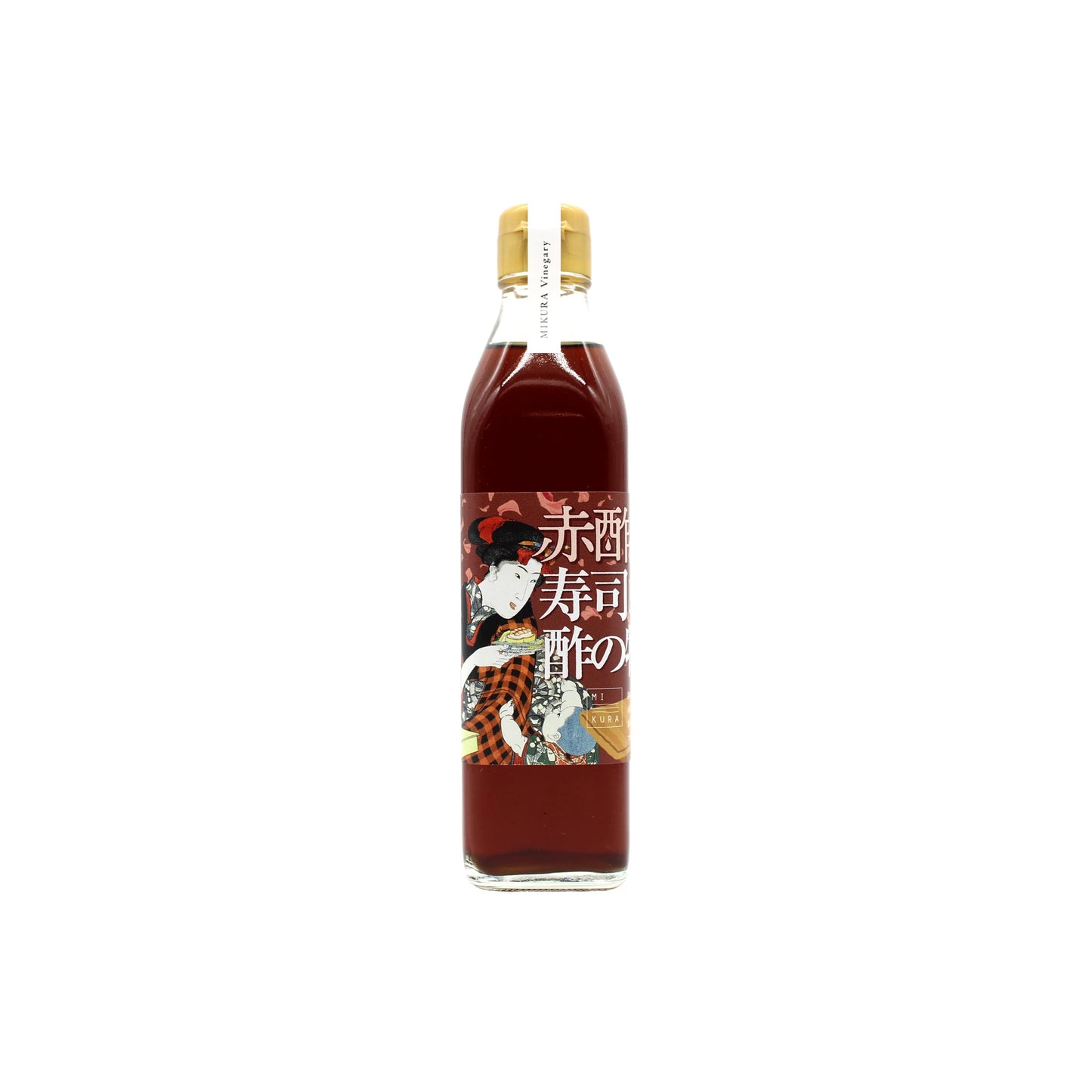 A glass bottle of Sake Kasu Vinegar for Sushi & Salad, filled with dark red, naturally fermented vinegar, and topped with a gold cap and a decorative label featuring Japanese text and traditional kimono artwork.