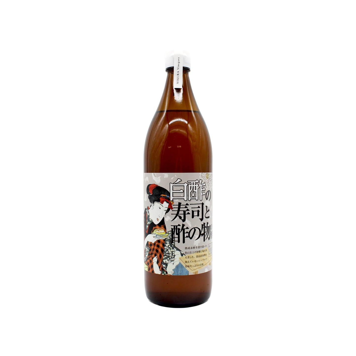 A brown bottle with a white cap and a Japanese label featuring a traditionally dressed woman contains White Vinegar for Sushi & Salad, ideal for adding authentic umami-rich flavor to your dishes.
