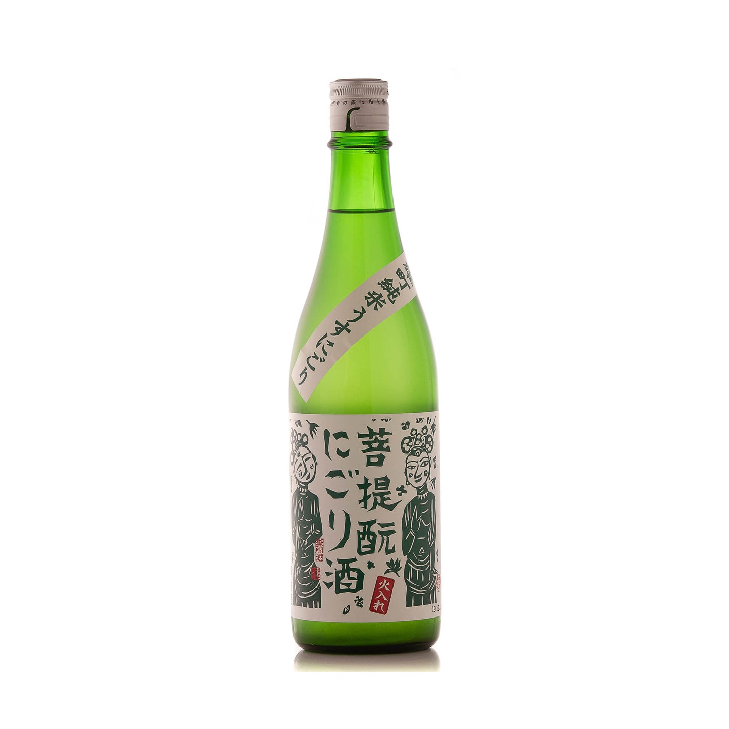 The Misty Mountain Junmai Bodaimoto Nigori Sake (720ml) comes in a green glass bottle with a white cap and a Japanese label with black and red text, illustrations, and references to its traditional Bodaimoto brewing origins.