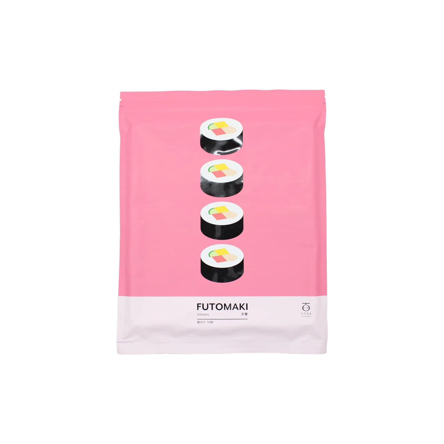 A pink and white package labeled Futomaki - Roasted Nori - 10 Sheets displays three vertically arranged futomaki sushi roll illustrations on the front, emphasizing the use of roasted nori seaweed sheets.