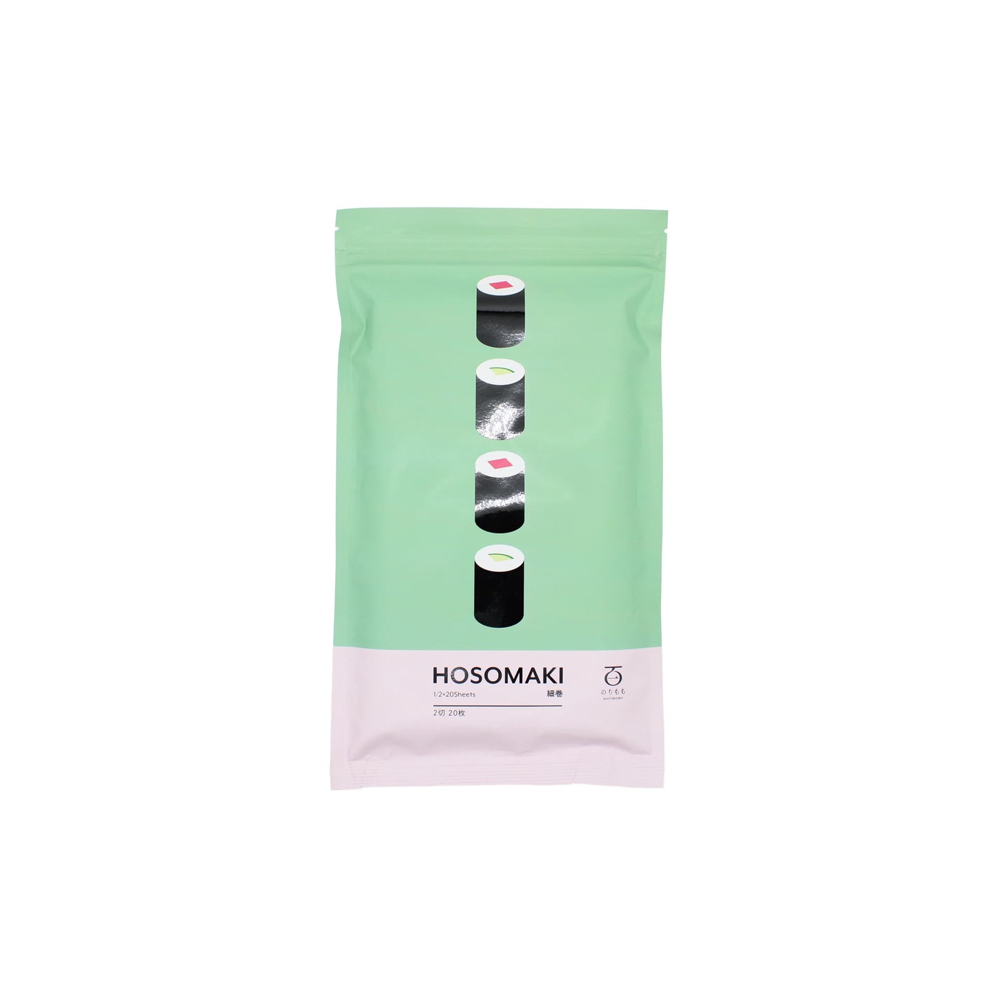 A green and white package labeled Hosomaki - Roasted Nori - 20 Half Sheets, featuring three sushi roll illustrations wrapped in nori on the front.