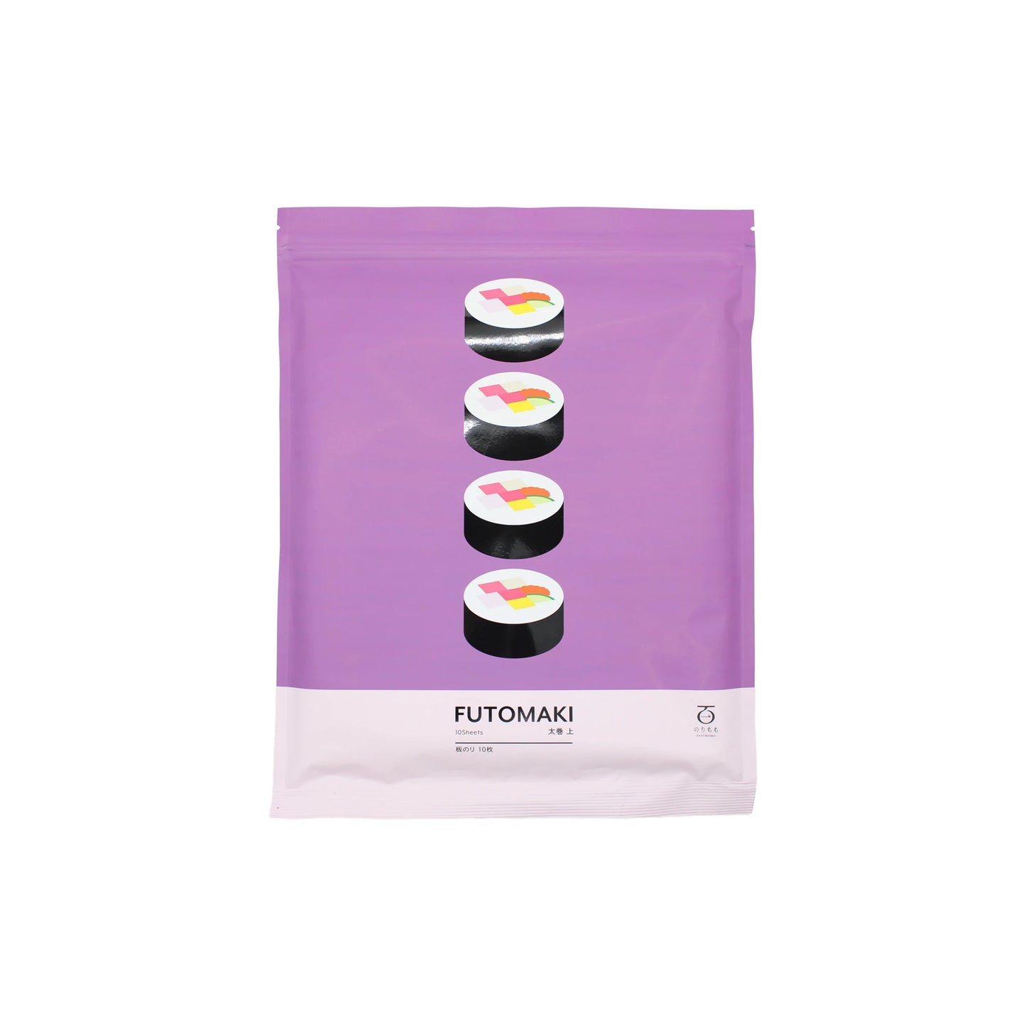 A sealed purple and white pack labeled Premium Futomaki - High Grade Roasted Nori - 10 Sheets features four sushi roll illustrations, highlighting its rich umami flavor—ideal for preparing futomaki sushi.